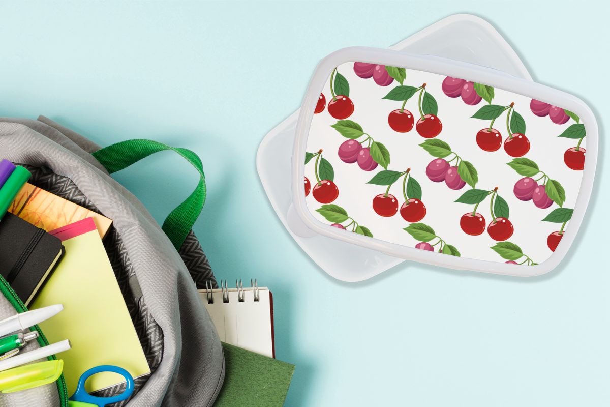 MuchoWow Lunchbox Kirschen Kunststoff, Brotbox Erwachsene, Mädchen Brotdose, für - für (2-tlg), Kinder weiß und Obst, - und Muster Jungs