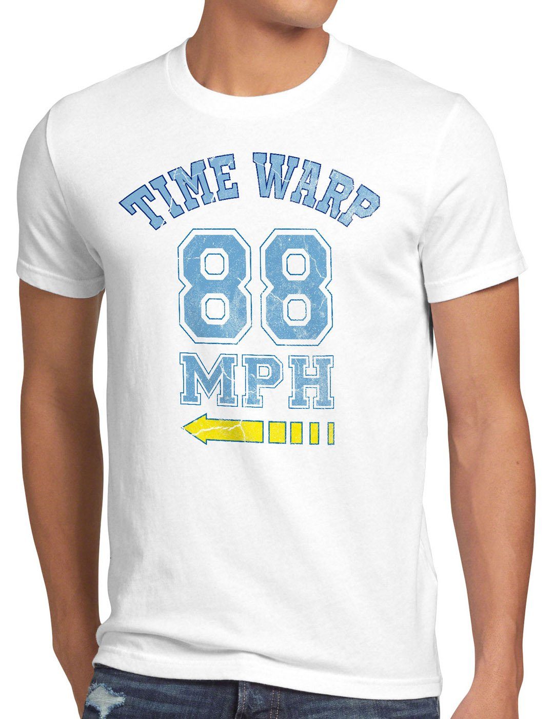 style3 Print-Shirt Herren T-Shirt Time Warp 88mph Flux Future Fly Zukunft Zurück Zeitreise delorean weiß