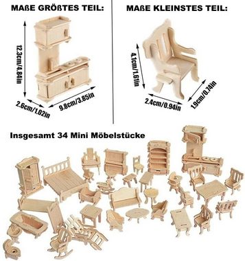 MAVURA Steckpuzzle WoodArt 3D Puppenmöbel Holz Bausatz Mini Puppen Möbel Set, Puzzleteile, Puppenhausmöbel DIY Set 34tlg