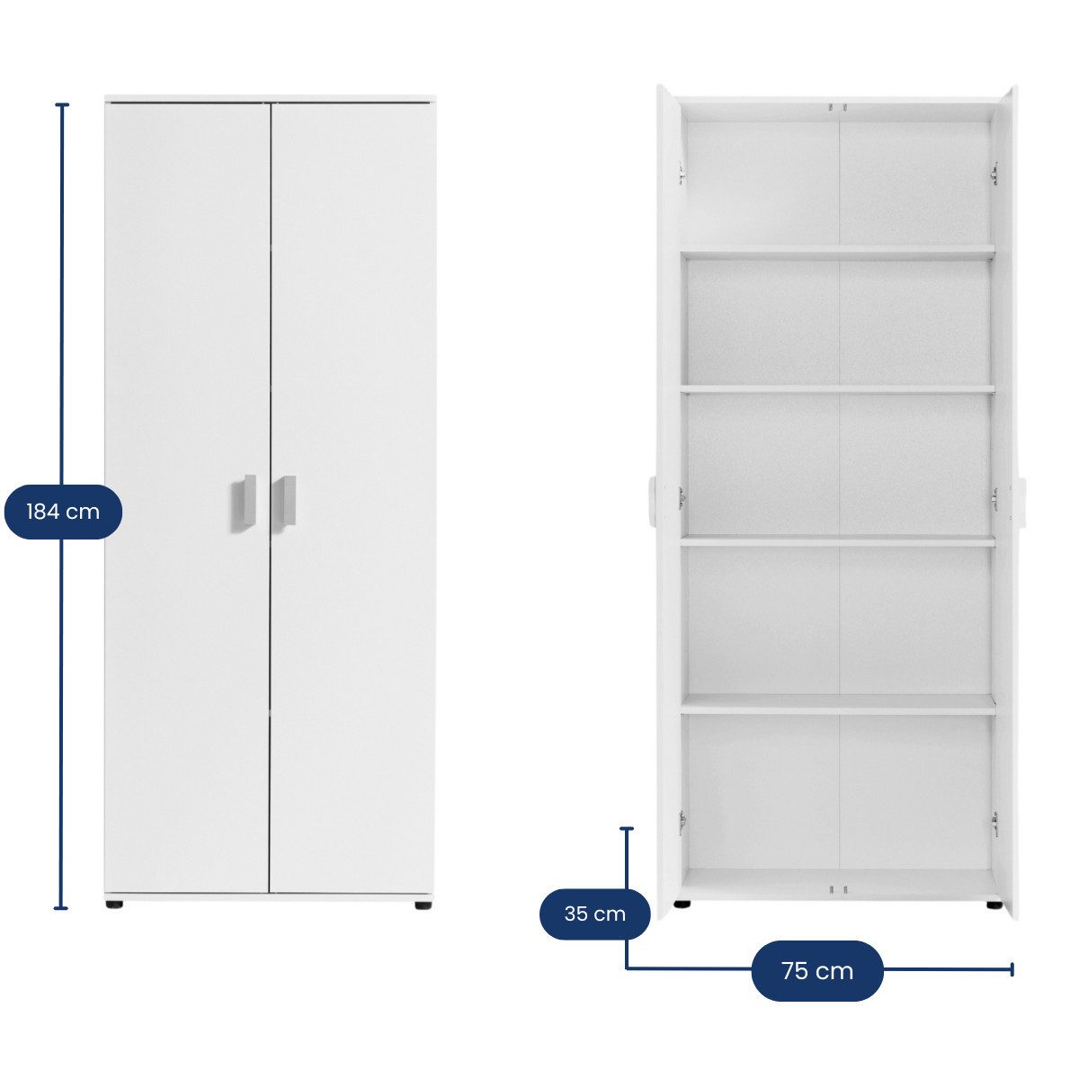 Home Collective Mehrzweckschrank 75 cm breit mit Einlegeböden 75x35x184 cm (BxTxH) Weiß (Vorratsschrank Universalschrank für Haushalt, Flur, Büro, Keller) mit 2 Türen & 4 Einlegeböden
