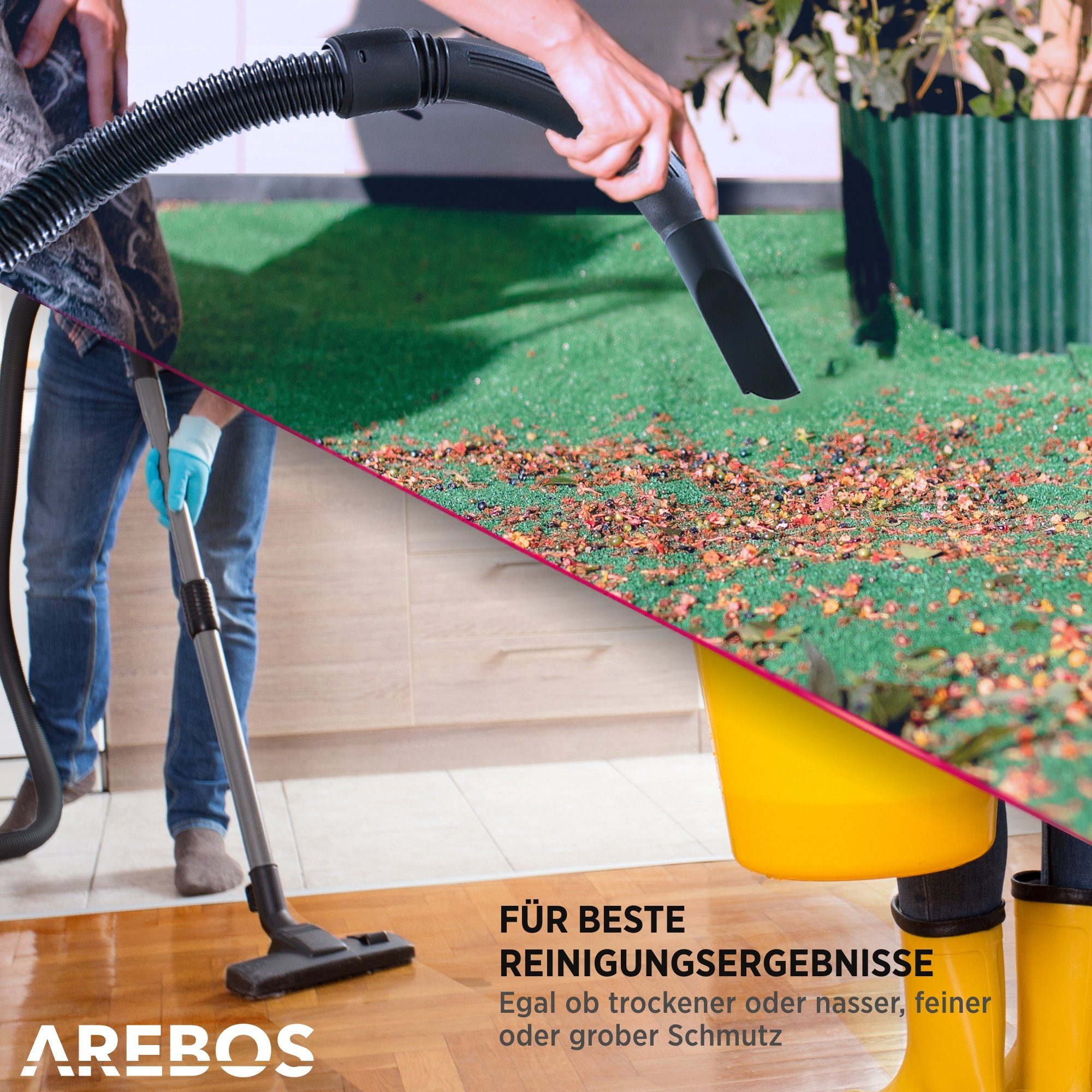 Arebos Industriesauger 5in1, Nass-& Entleerung sowie 1300 W, 30 Beutel Filter Trockensauger, für Wassersauger als gelb mit Trockensauger 1300W, und schnelle Verwendbar Wasserablass als beutelloser mit L, praktischem