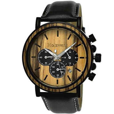 Holzwerk Chronograph BERGA Herren Edelstahl & Holz Uhr mit Leder Armband in schwarz, beige