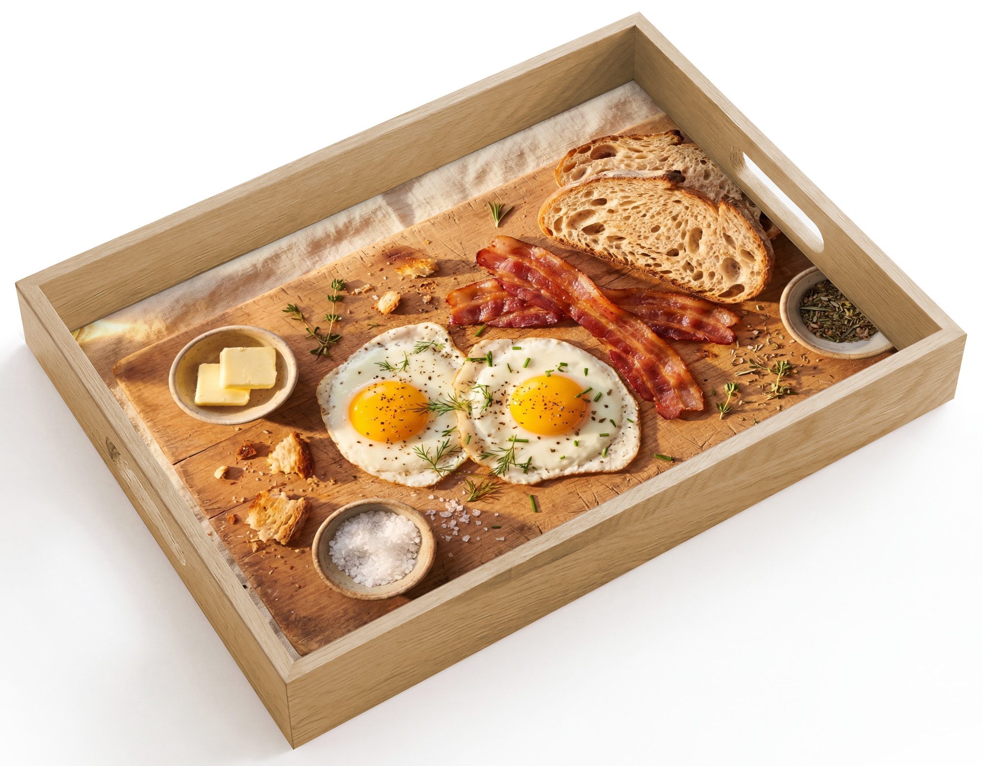 OnlyWow Tablett Rechteckig mit Henkel Essen – Frühstück – Holz – Rustikal – Gelb, Eichenholz, (1-tlg), Siervierplatte, Tray, Frühstücksbrett