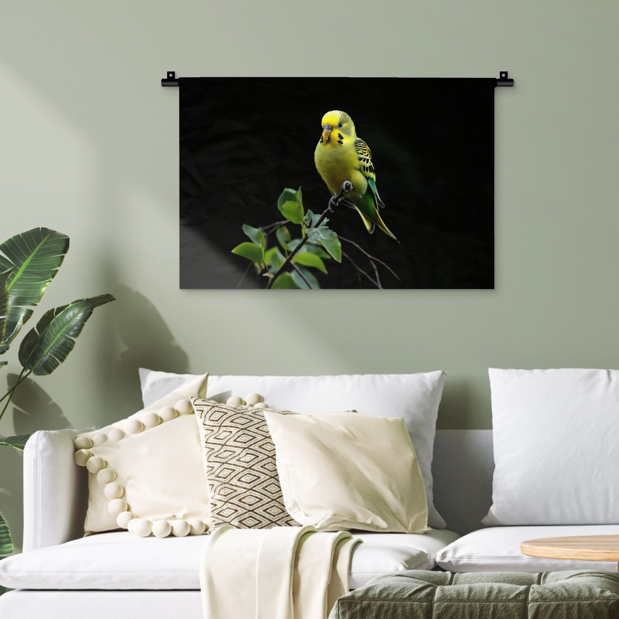 MuchoWow Wandteppich Sittich - Zweig - Blätter - Gelb, Rechteckig, Höhe: 3 mm, Wandteppich für Wohnzimmer, Schlafzimmer, 60x40 cm