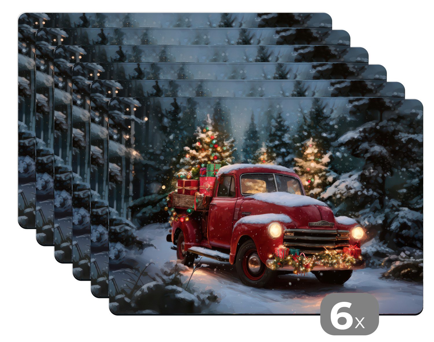 MuchoWow Platzset Weihnachts-LKW - Schneewald - Rot, (6-St), Platzsets, Tischset, Abwaschbar, Tischsets, Platzdeckchen