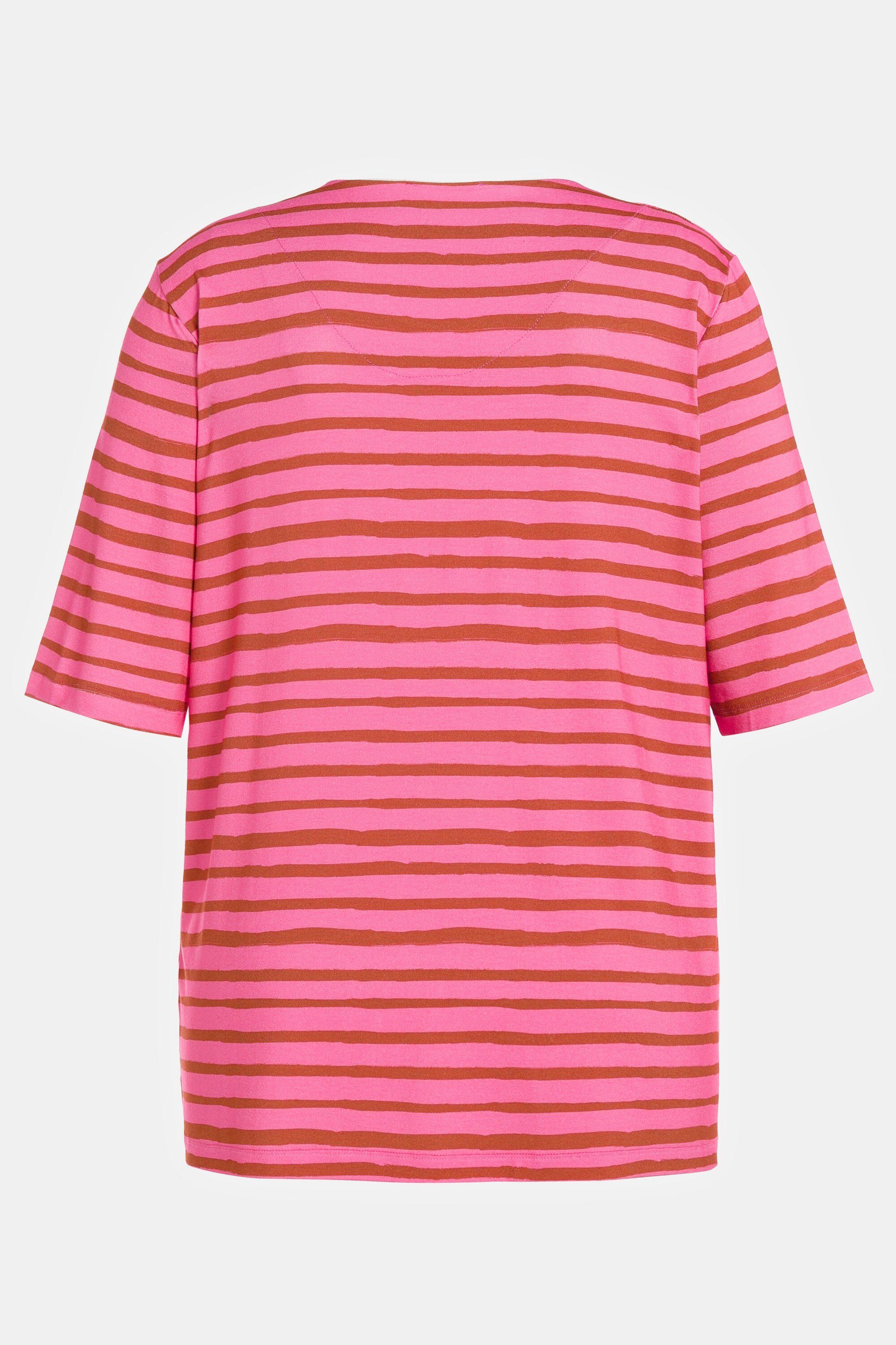 Popken Rundhalsshirt 3/4-Arm Ulla helles T-Shirt Streifen-Design pink Rundhals