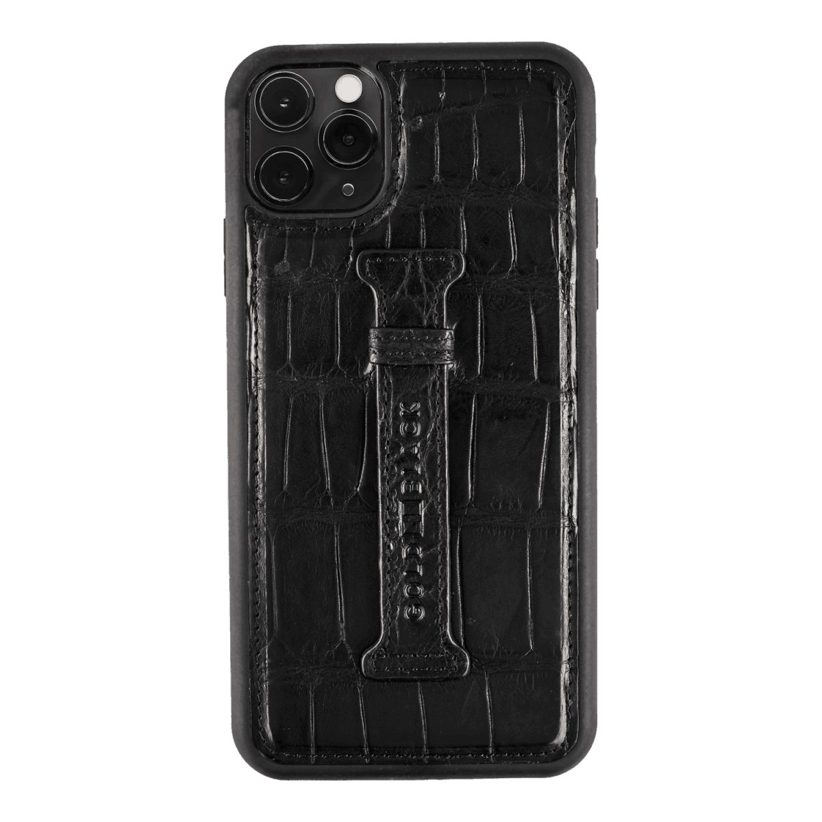 GOLDBLACK Handyhülle iPhone 11 Pro Max Lederhülle mit Fingerschlaufe Krokodilleder Schwarz
