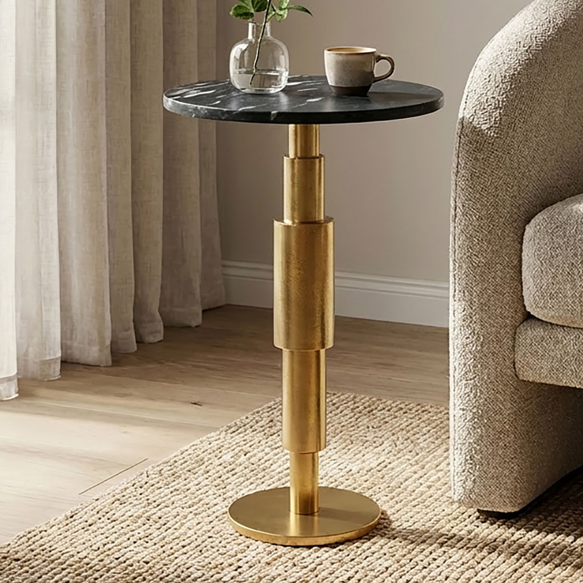 FINEBUY Beistelltisch FB74473 Dekotisch Marmor Wohnzimmertisch rund Sofatisch Anstelltisch (Elegante Ablagefläche für moderne Räume), Hochwertige Optik mit schlanker Silhouette