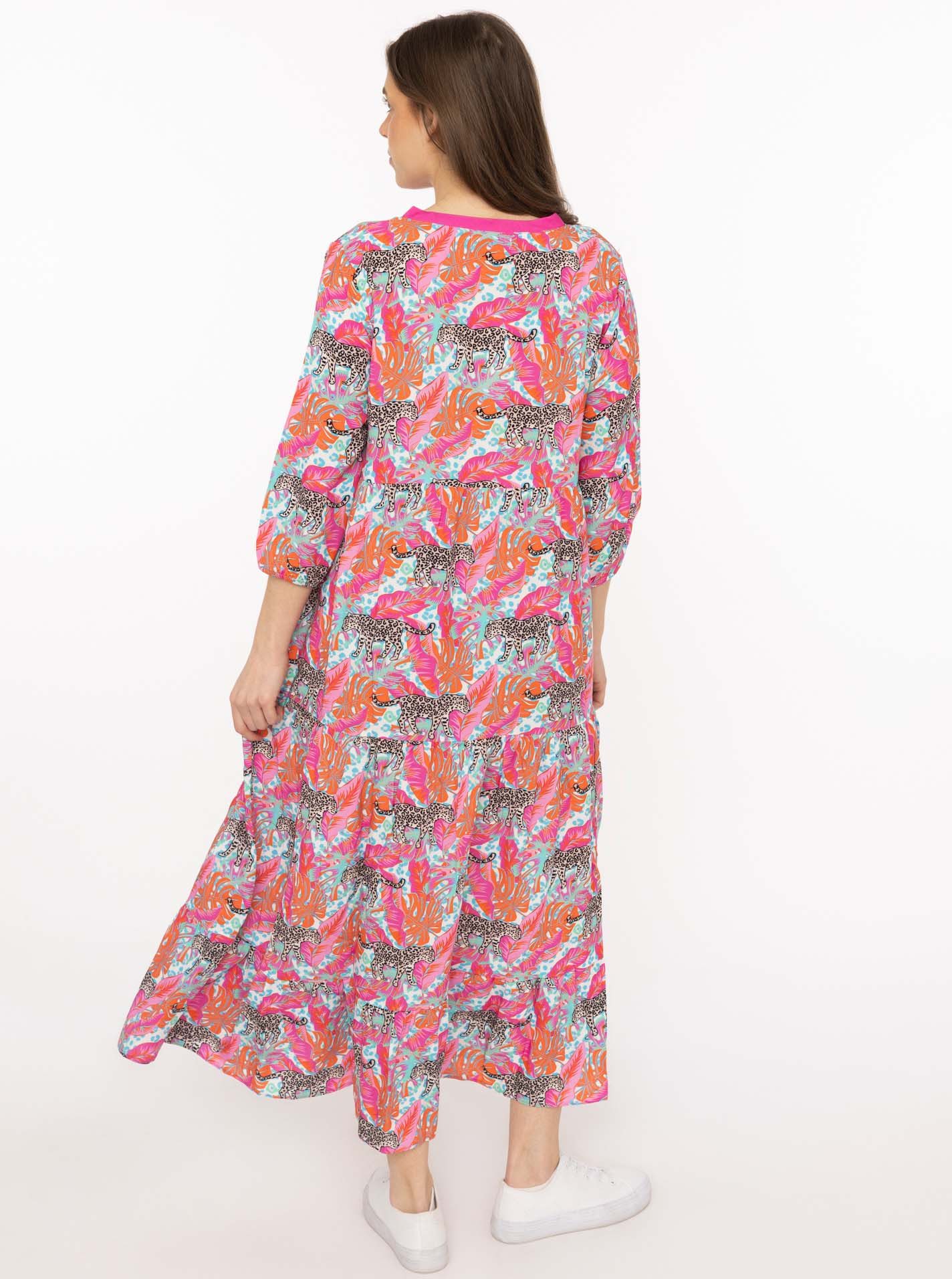 Zwillingsherz Maxikleid "Wild Jungle" Mustermix mit Leopard, Knopfleiste und 3/4 Arm