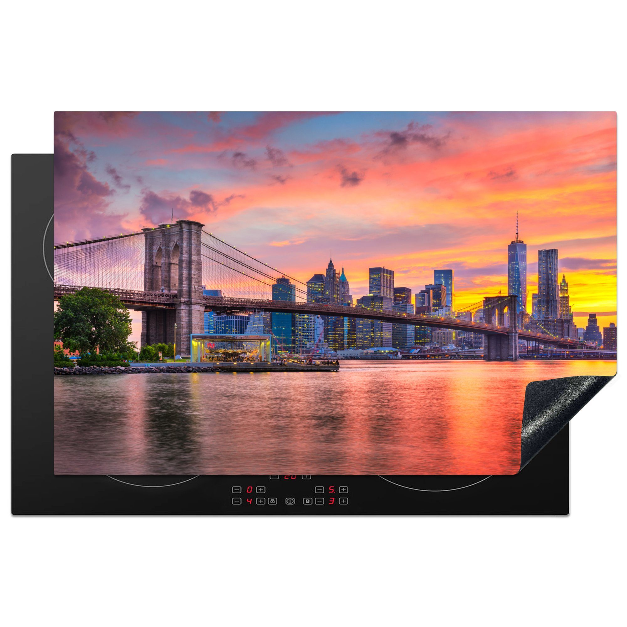 MuchoWow Herdblende-/Abdeckplatte New York - Sonne - Brooklyn Bridge, Vinyl, (1 tlg), 81x52 cm, Induktionskochfeld Schutz für die küche, Ceranfeldabdeckung