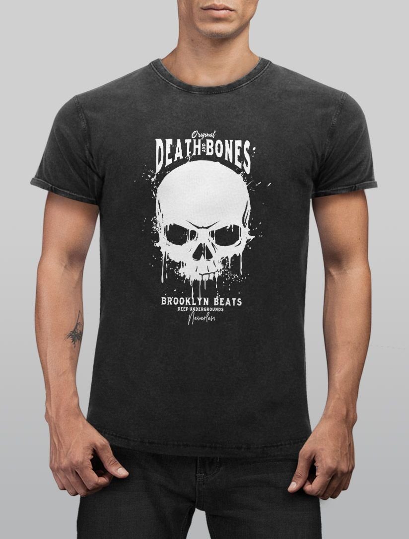 Neverless Print-Shirt Neverless® Herren Slim Shirt Used Printshirt Club Look Print mit schwarz Totenkopf Outfit T-Shirt Skull Bones Fit Vintage Death and