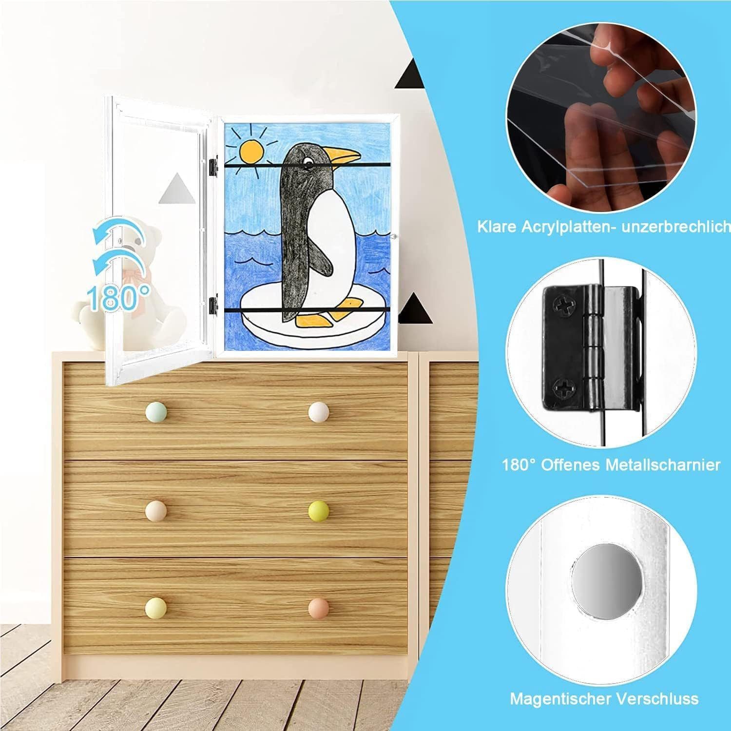LA CUTE Bilderrahmen zum Basteln 1er Set Kinderbilderrahmen befüllbar Frontöffnung sicher aufbewahren, für 150 Bilder (Befüllbare Fototrahmen für Kinderkunstwerke bis zu Din A4 150 Blatt), 1er Set Kinderzeichnungen, mit Frontöffnung zum auffüllen, einfache Befestigung, hohe Kapazität, ideal für Kunstwerke & Dokumente