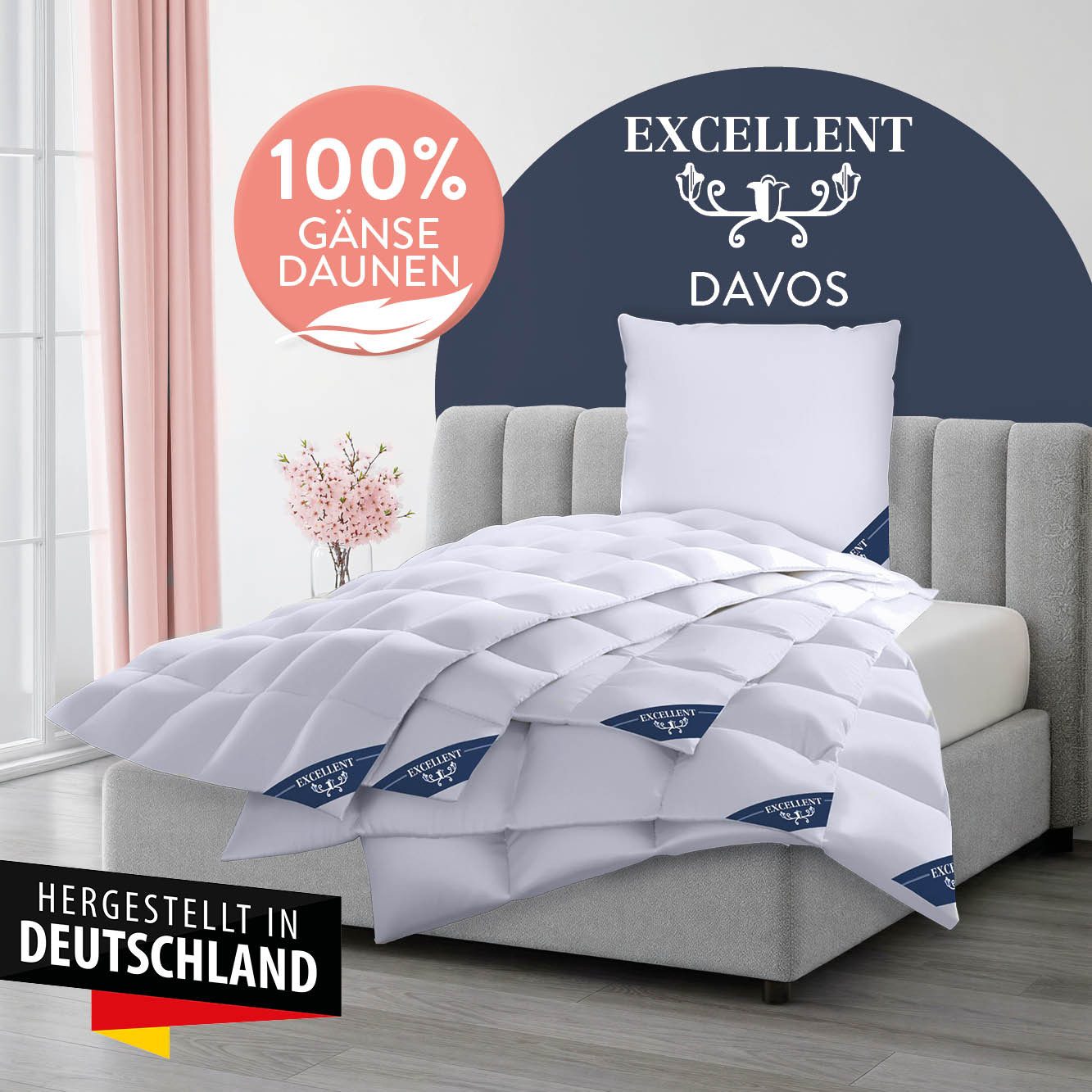 Excellent Gänsedaunenbettdecke Davos, Bettdecken für Sommer und Winter, Decke, Füllung: 100% Gänsedaunen, Bezug: 100% Baumwolle, Bettdecke 135x200 cm, 155x220cm und weitere Größen, Made in Germany