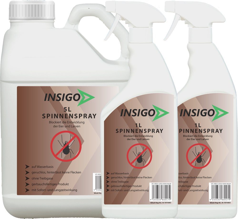 INSIGO Insektenspray Spinnen-Spray Hochwirksam gegen Spinnen, 7 l, auf Wasserbasis, geruchsarm, brennt / ätzt nicht, mit Langzeitwirkung