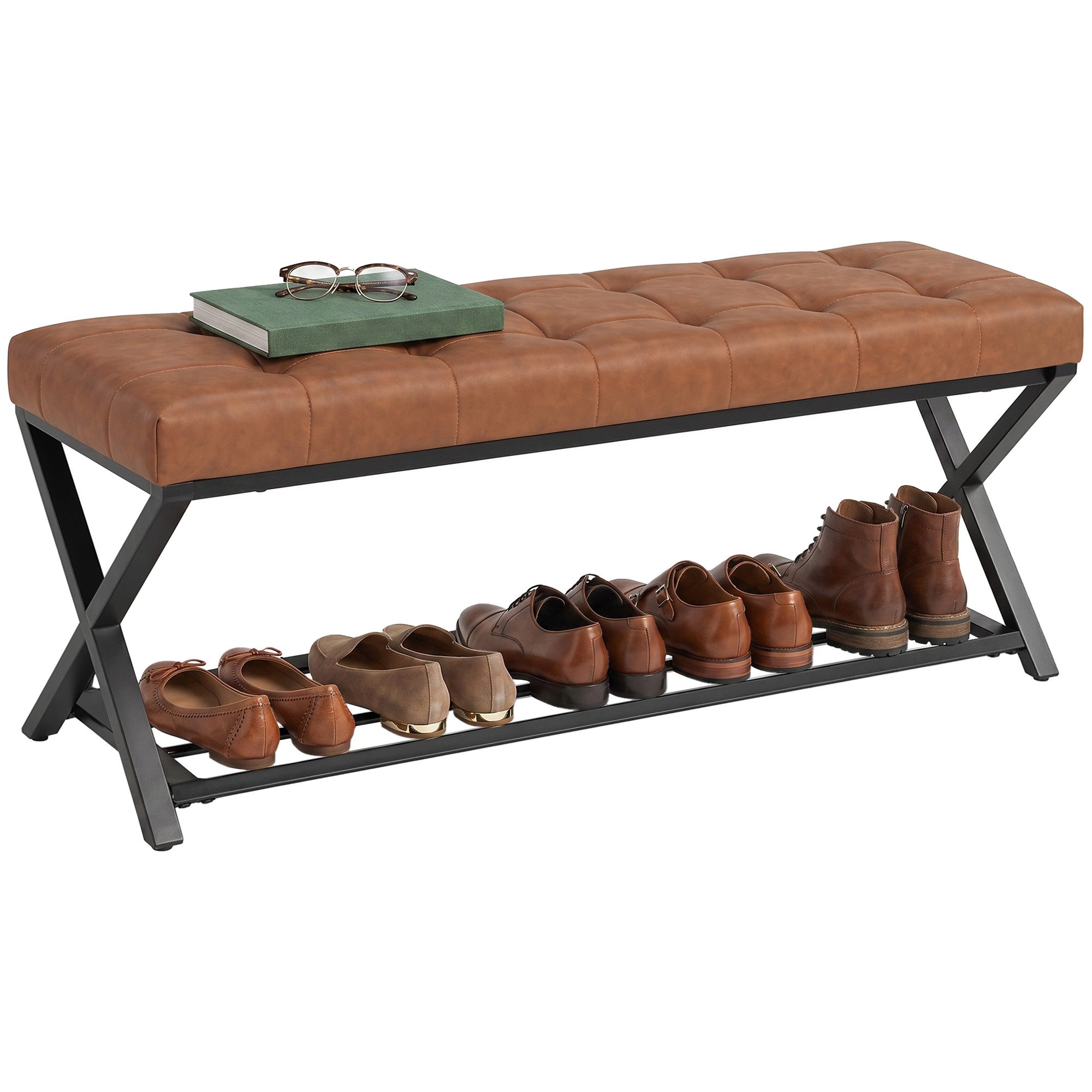 HOMCOM Schuhbank Sitzfläche, Schuhregal mit Stauraum, Kunstleder, bis 220kg (Industrielle Sitzbank, 1-St., inkl. Sitzkissen), für Flur Eingangsbereich, 112x37x47cm, Braun