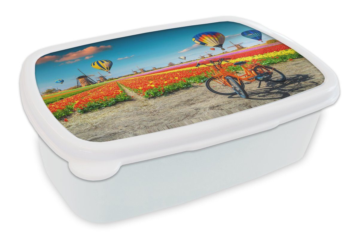 MuchoWow Lunchbox Heißluftballon - Orange - Tulpen, Kunststoff, (2-tlg), Brotbox für Kinder und Erwachsene, Brotdose, für Jungs und Mädchen weiß