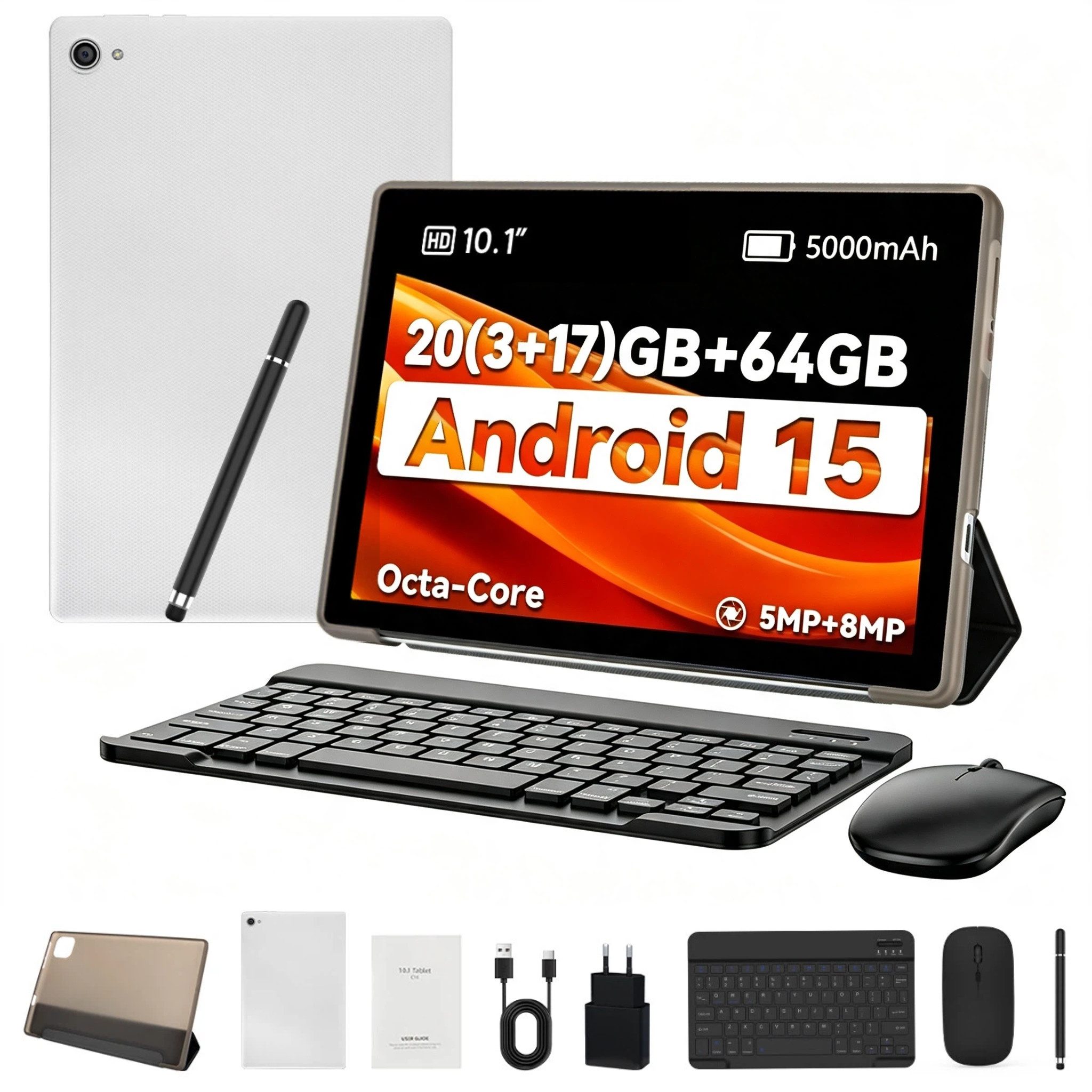BUFO 10,1 Zoll 64GB erweiterbar auf 1TB mit Maus, Tastatur und Stylus Tablet (10", 64 GB, Android 15, 2,4G/5G WiFi, Android 14, 5000mAh, Gesichtsentsperrung, 1280x800 HD IPS)