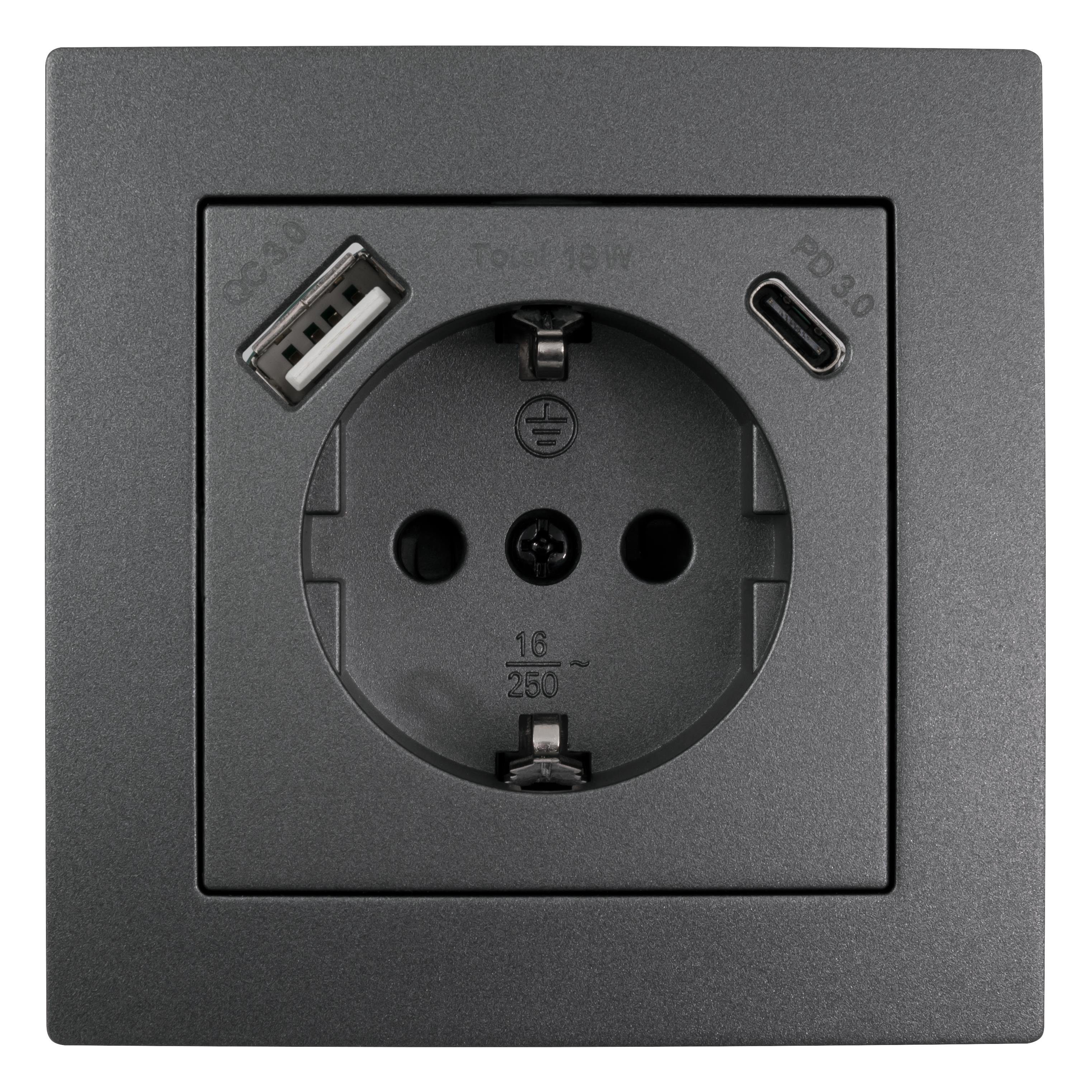 McPower Steckdose Schutzkontakt-Steckdose McPower Flair 1x USB-C 18W PD, 1x USB-A, anthr