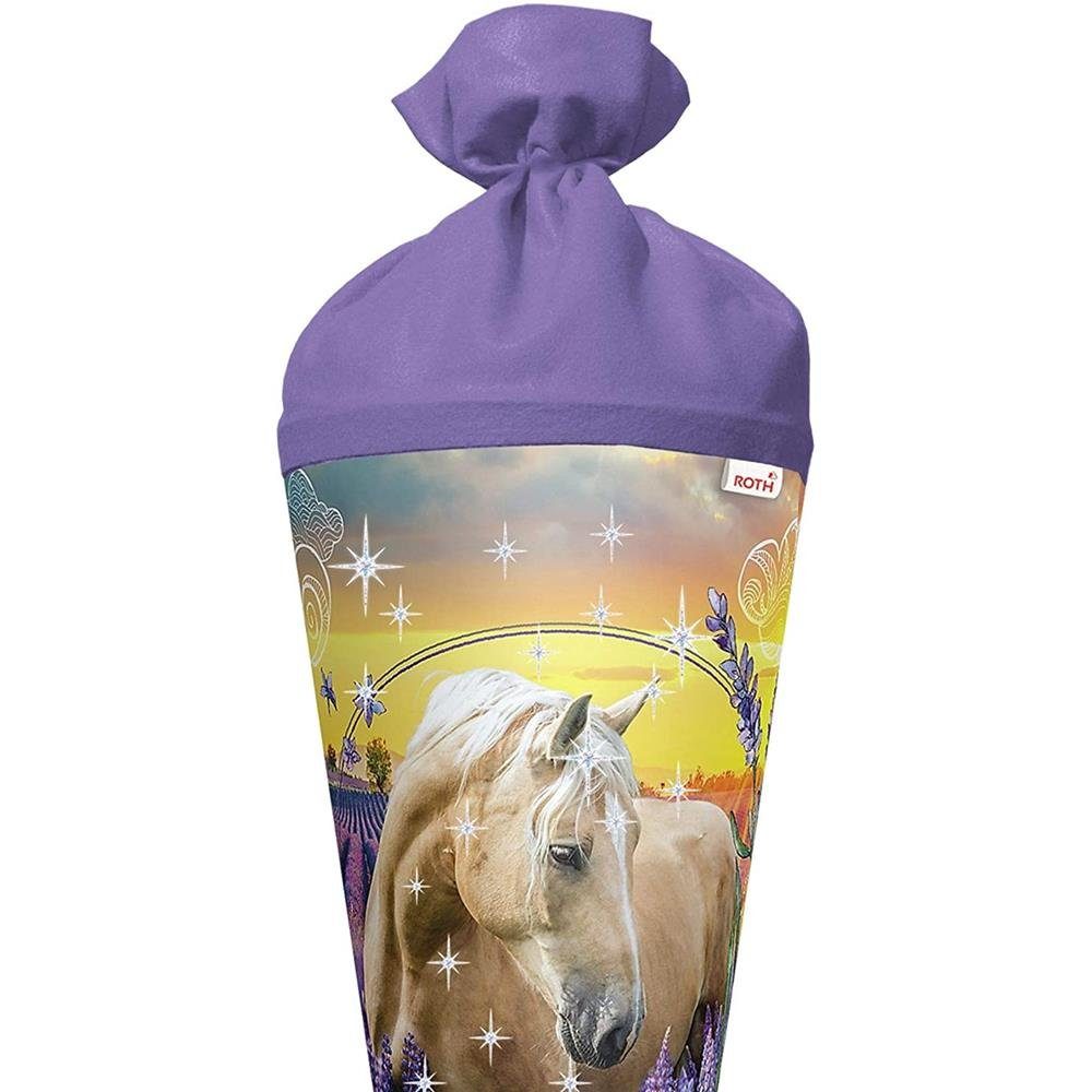 Roth Schultüte Pferdeträume mit Glitter, 70 cm, rund, mit lilafarbigem Filzverschluss, Rot(h)-Spitze