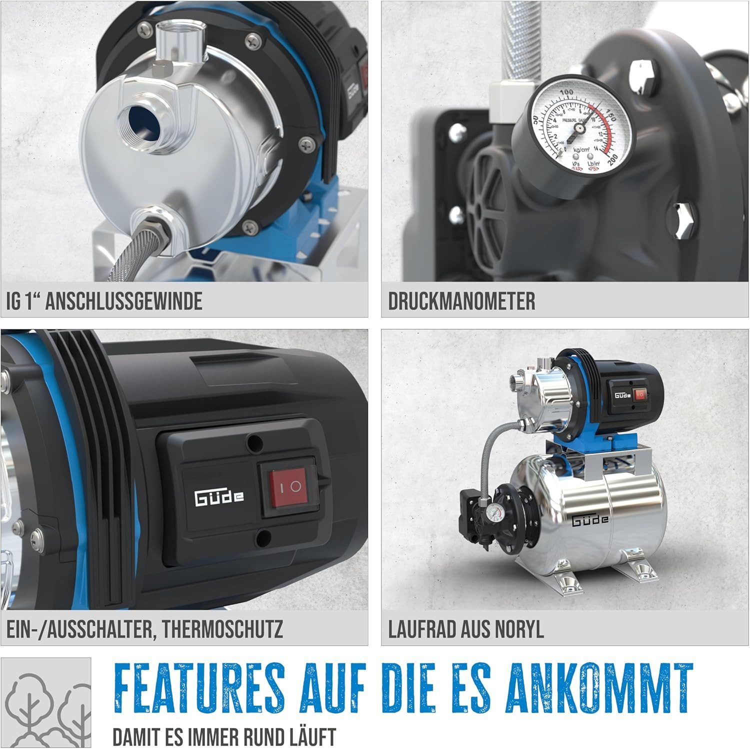 Güde Hauswasserwerk HWW 1000 ES – 1000 W, 20 L Tank, 3800 L/h, 44 M Förderhöhe, Edelstahl, Druckmanometer & Thermoschutz