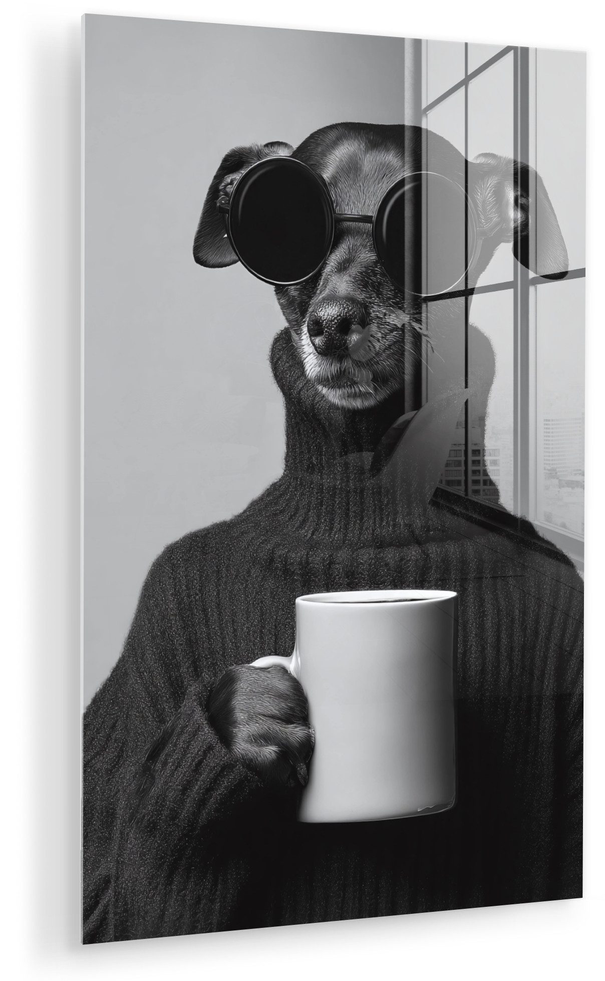 MuchoWow Acrylglasbild Rollkragenpullover - Hund - Brille - Becher, Inkl. Aufhängung, Dekorative Bild für Küche & Wohnzimmer auf Glas, 20x30 cm