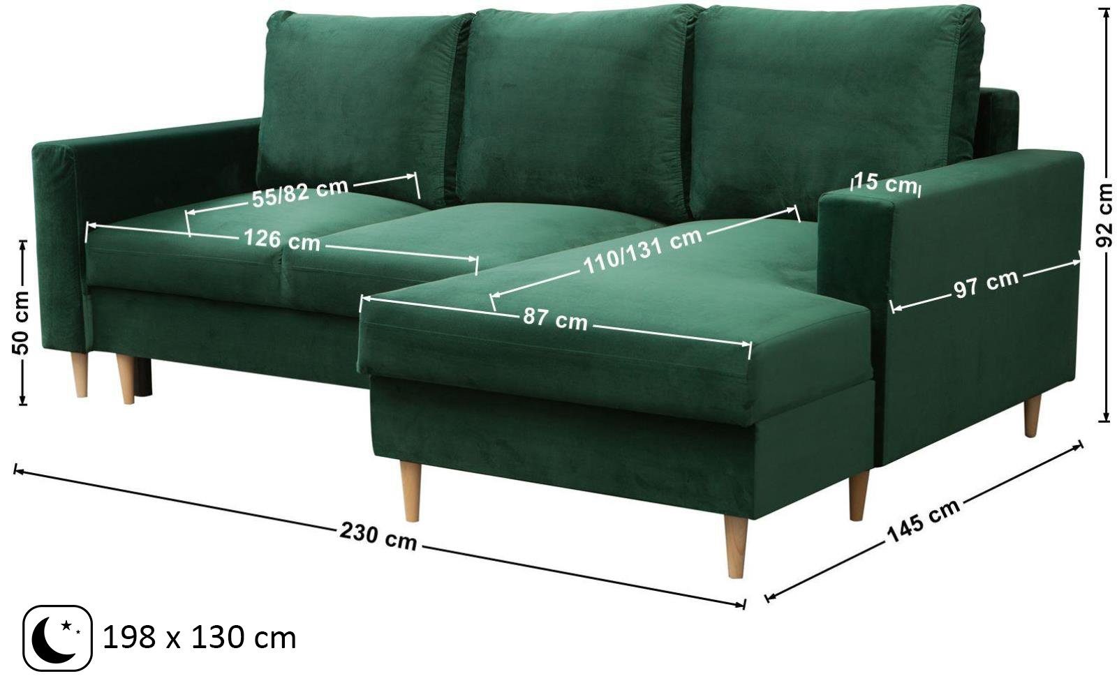 Beautysofa Polsterecke links mit Stil, 39) mane rechts, Ecke, (fancy Grün L-Form im mit Skandinavisches Relaxfunktion, Bettkästen mit 2x DAVE, oder