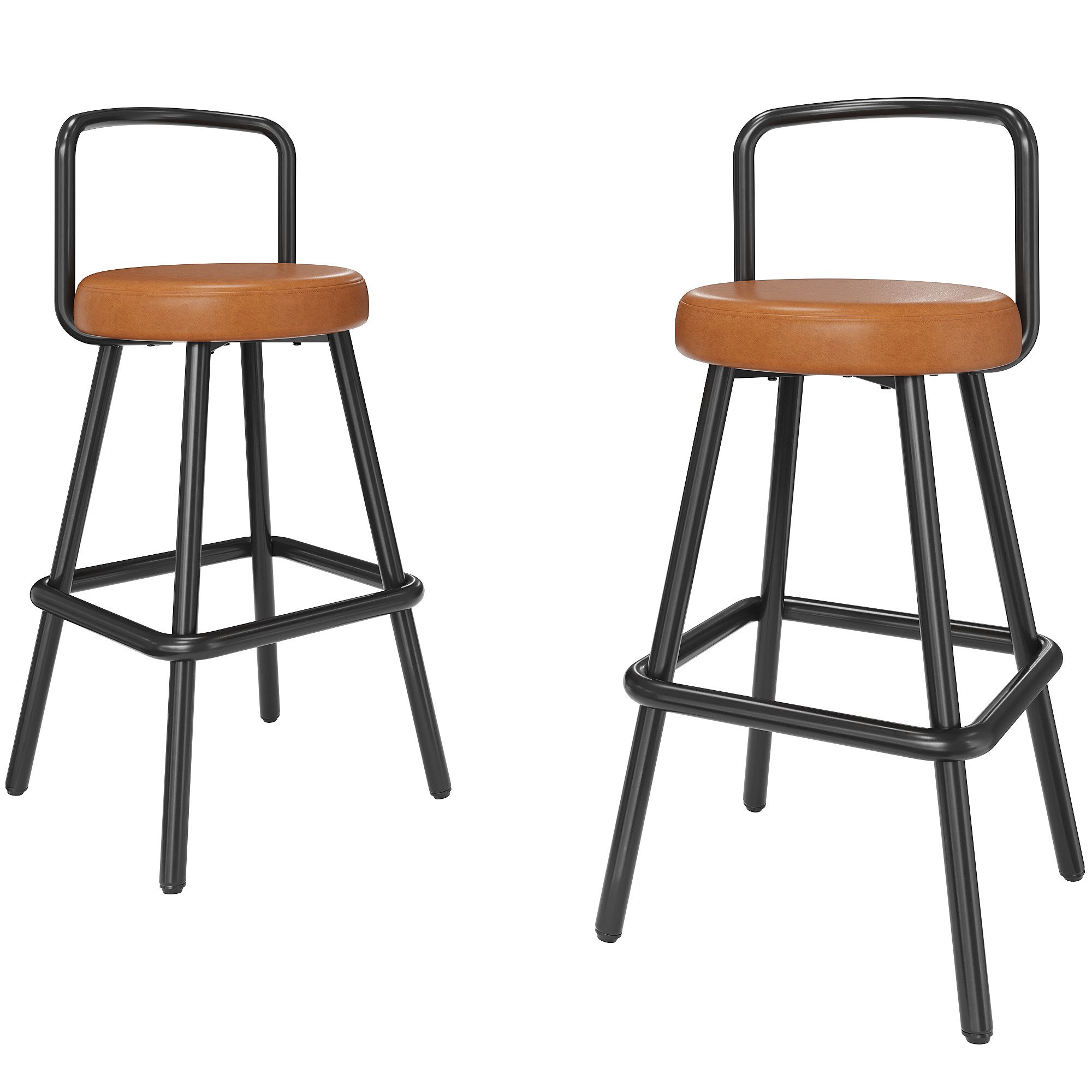 Flieks Barhocker Gestell aus Eisen in Schwarz, Bezug aus Kunstleder (Set, 2 St., B45,5/T45,5/H90,5 cm, mit verstellbaren Fußpolstern), 2er Set Barstühle Esszimmerstühle mit Rückenlehnen Braun