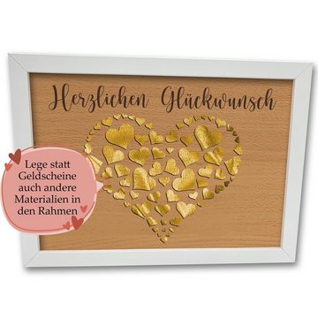 Namofactur Holzbild Geldgeschenk im Holzrahmen - Geld originell verpacken, Herz, Wandbild Herz 'Herzlichen Glückwunsch' mit Rahmen