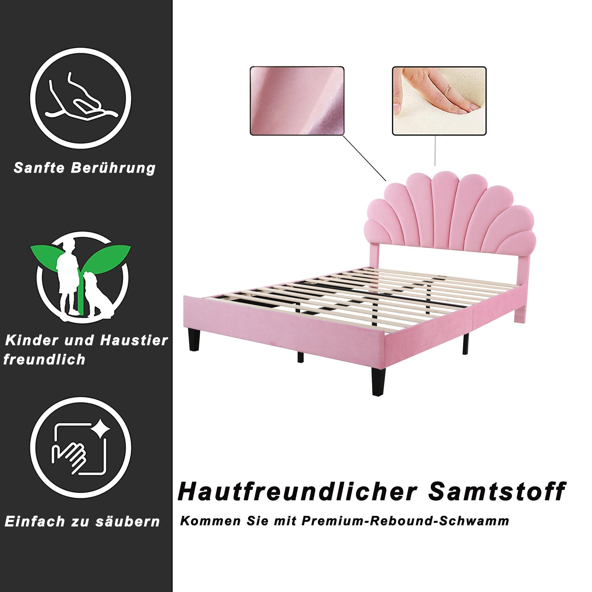 Polsterbett (Doppelbett), Kinderbett mit Blumenform-Kopfteil, Samt, 140x200cm