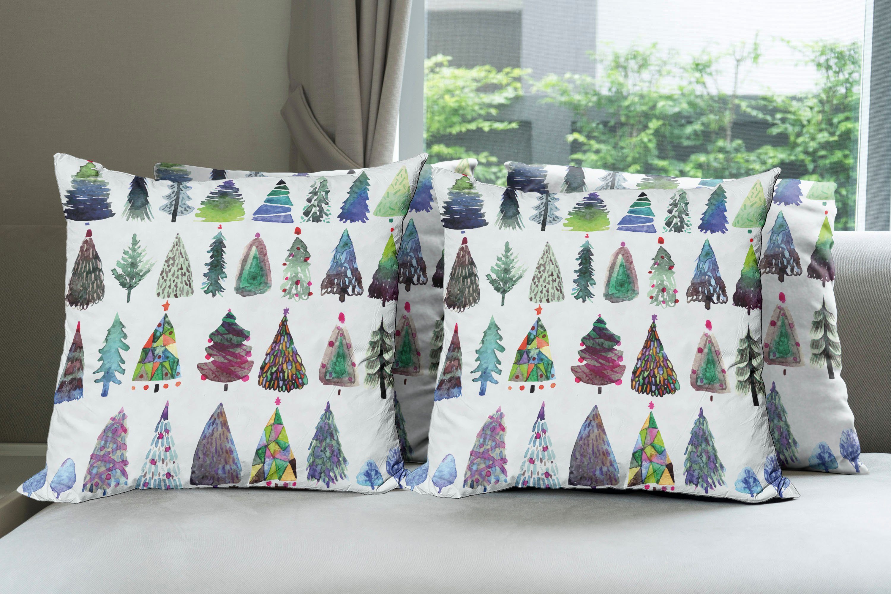 Weihnachten (4 Kissenbezüge Modern Stück), Accent Aquarell Digitaldruck, Abakuhaus Doppelseitiger Tannenbaum