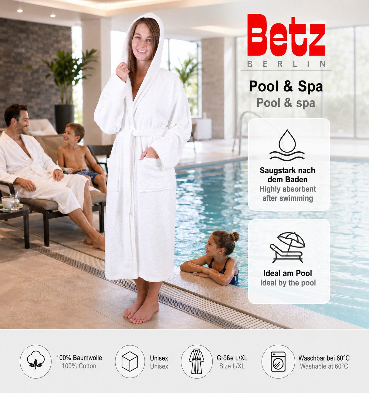 Betz Bademantel Saunamantel mit Kapuze BERLIN für Herren und Damen, Wadenlang, 100% Baumwolle, Kapuze, gürtel