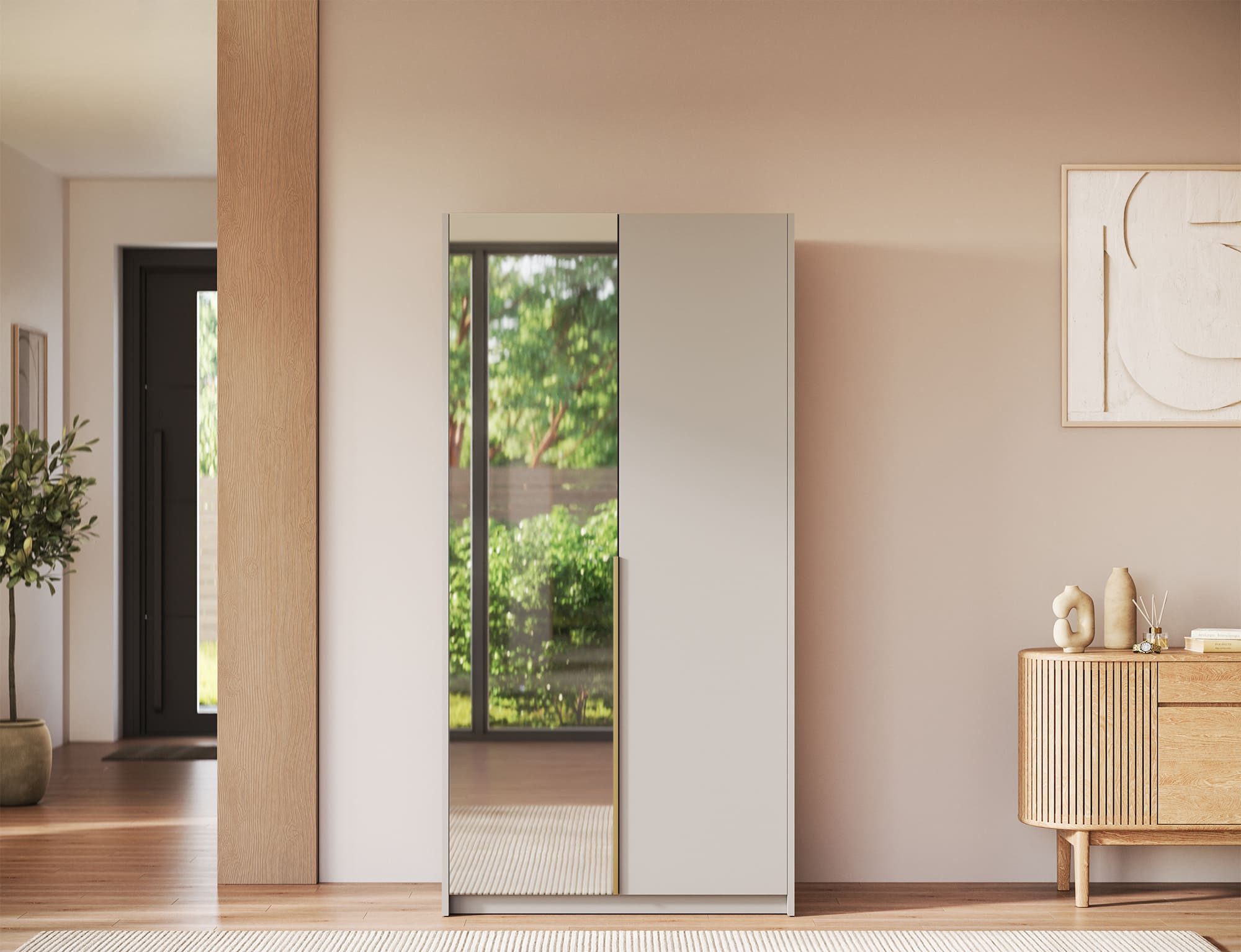 MOEBLO Drehtürenschrank Lunaro II (moderner Kleiderschrank 2-türig Schrank Garderobe Schlafzimmer, 100 cm, mit Spiegel Drehtüren Weiß Kaschmir Artisan Gold Griffe optional mit Aufsatz) (BxHxT): 100 x 204 x 58 cm