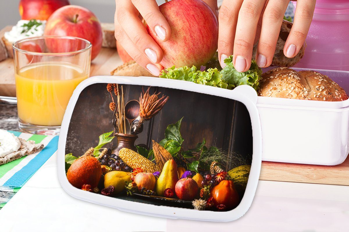 MuchoWow Lunchbox für Kinder Rustikal Tisch, Brotdose, Brotbox - Gemüse Jungs (2-tlg), Mädchen - weiß Kunststoff, Erwachsene, und für - und Obst