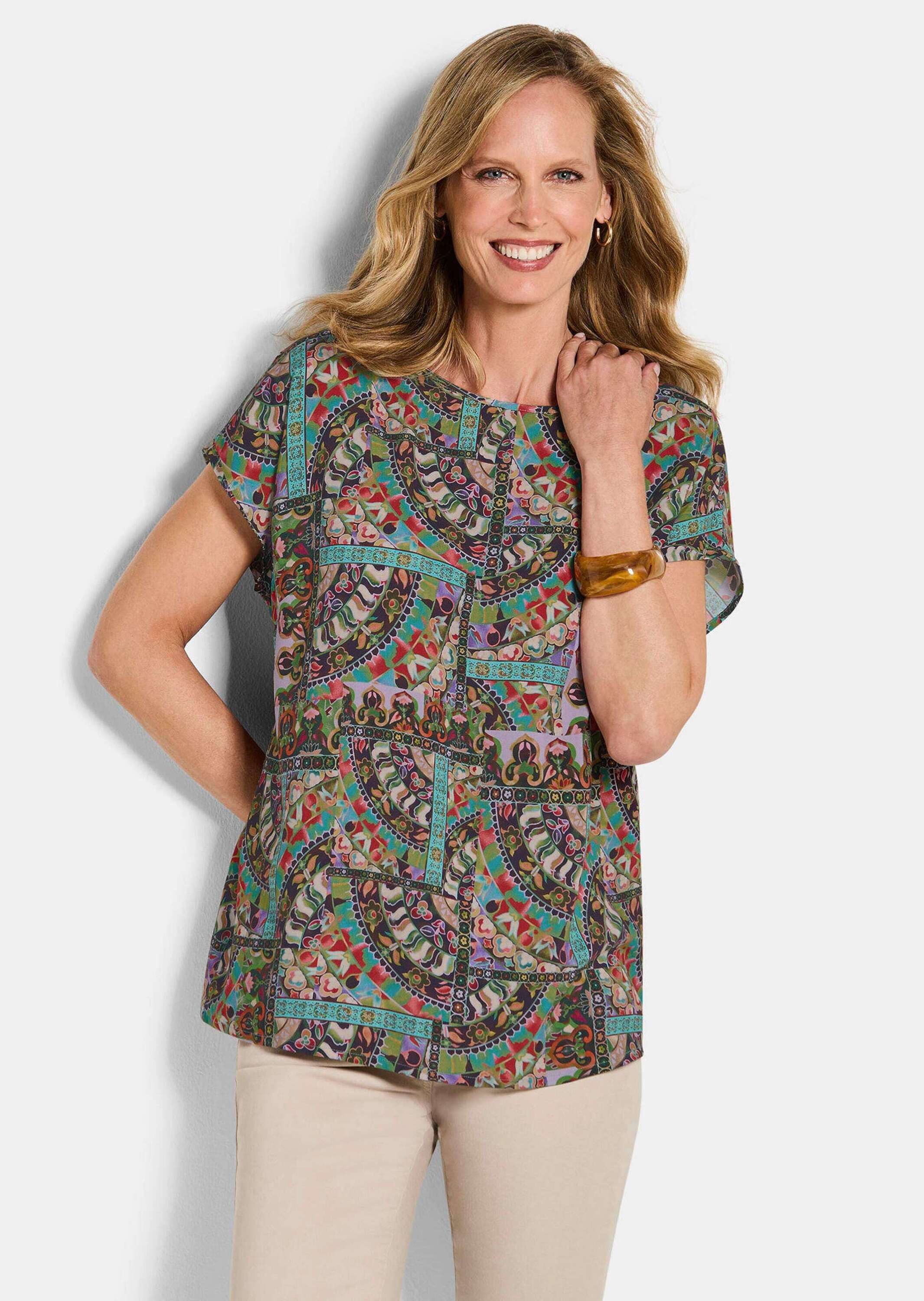 GOLDNER Shirtbluse Viskoseshirt mit Muster-Mix Schlupfbluse mit U-Boot-Ausschnitt und Kurzarm