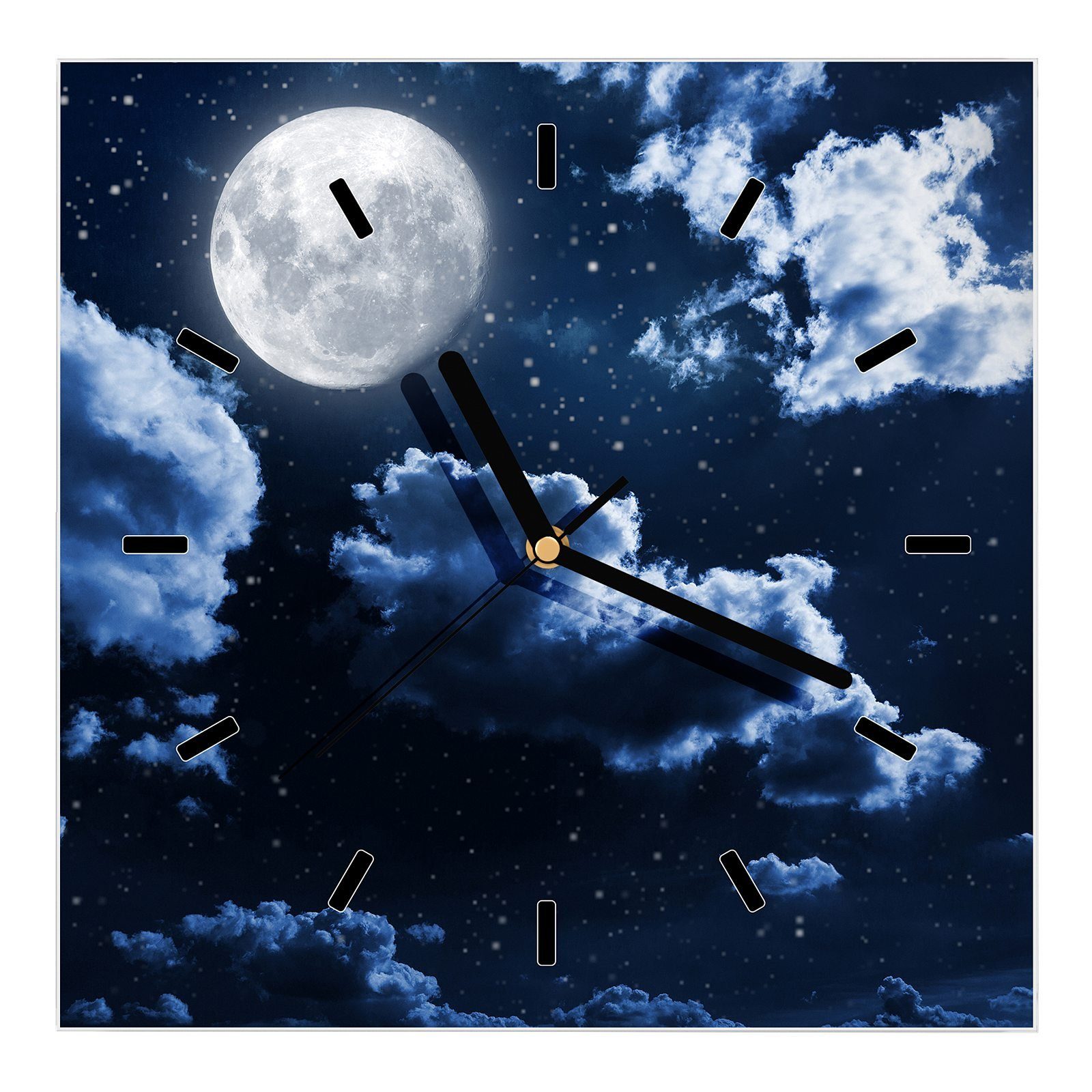 Primedeco Wanduhr Glasuhr Wanduhr Wandkunst Größe 30 x 30 cm mit Motiv Nachthimmel und Mond
