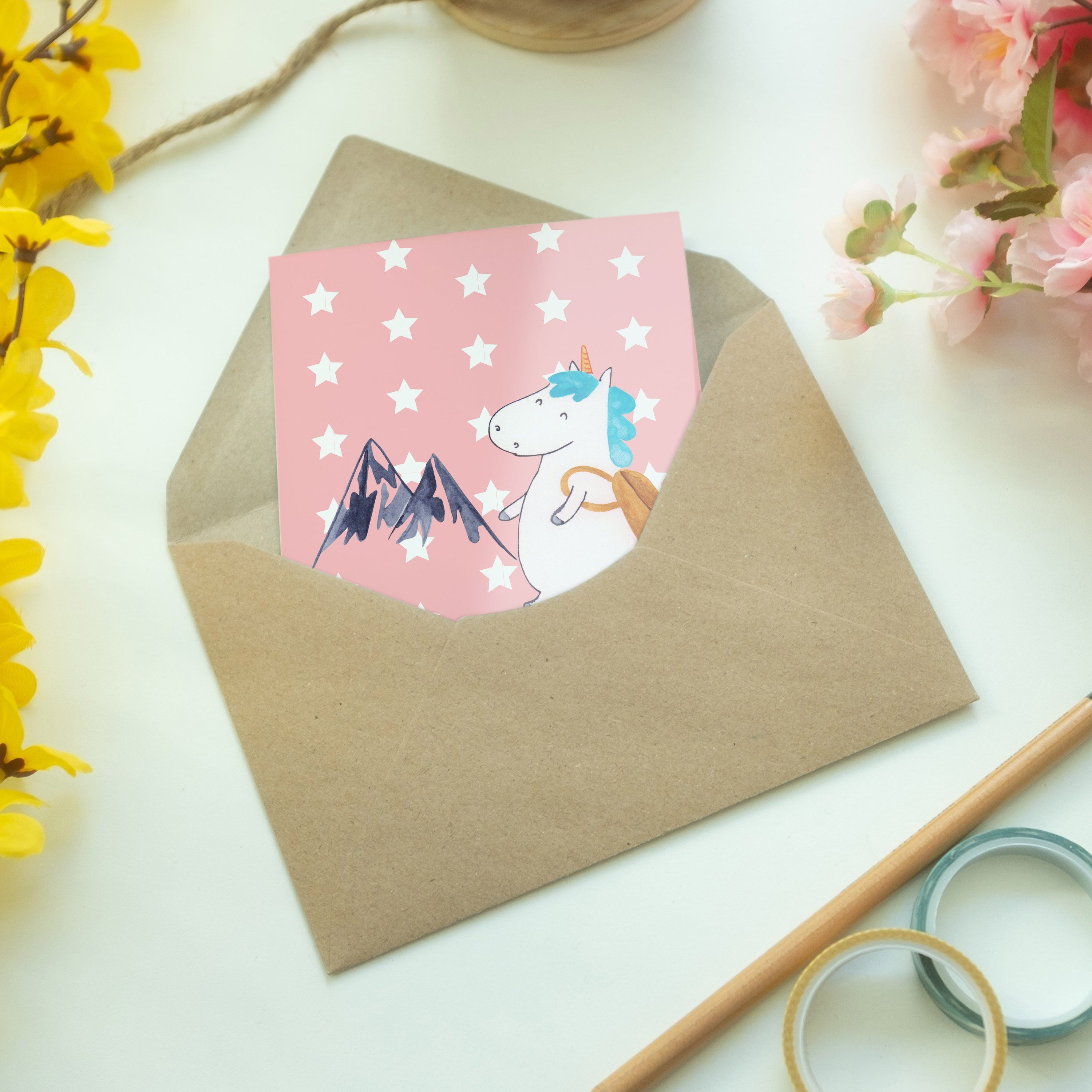 Einhorn Grußkarte Mrs. Rot & Entdecker, Geschenk, Bergsteiger - Pastell - Mr. Panda Geburtstagsk