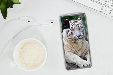 MuchoWow Handyhülle Weißer Tiger - Baumstamm - Wald, Handyhülle Samsung Galaxy A41, Smartphone-Bumper, Print, Handy