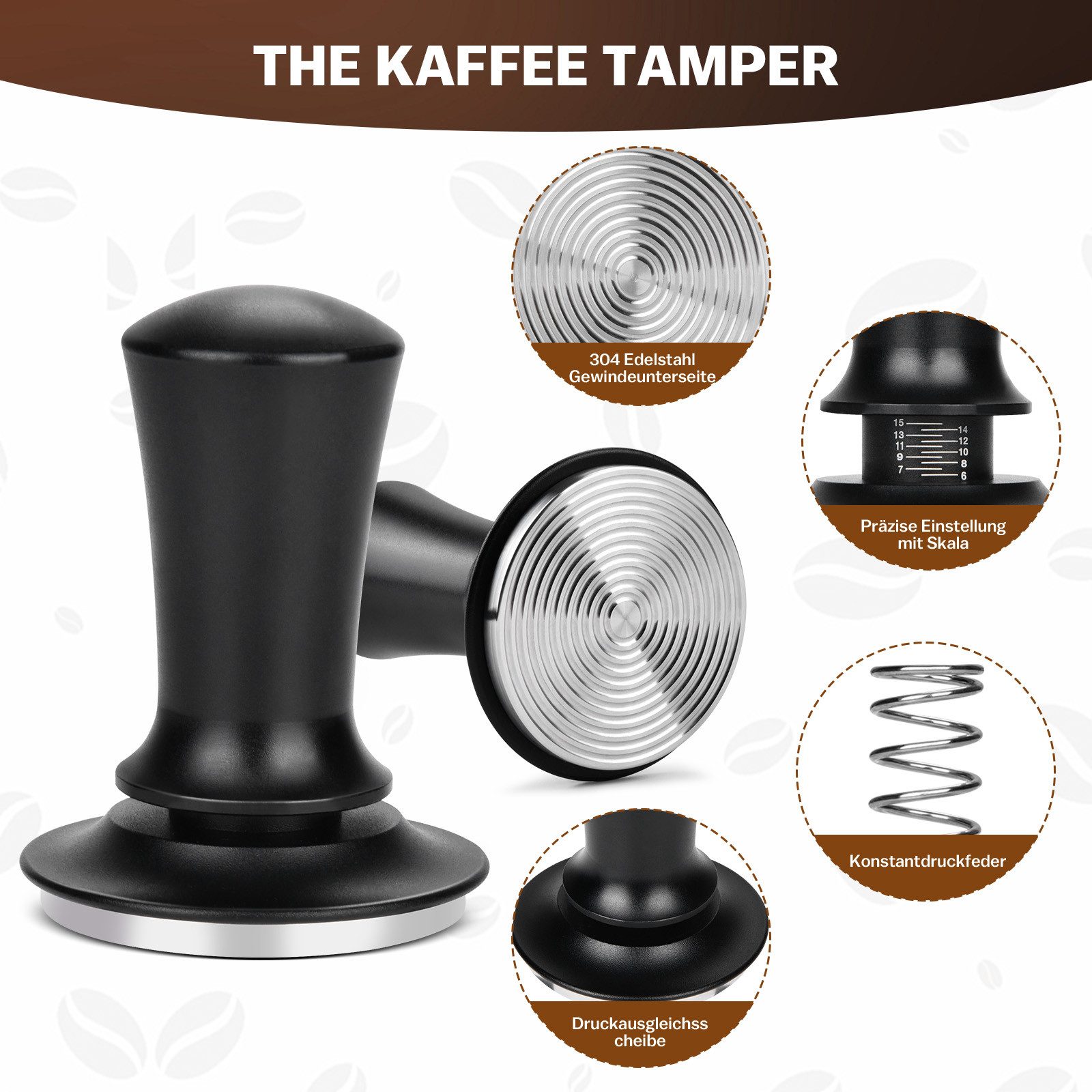 XERSEK Tamper 51mm Edelstahl Kaffeetamper Set mit Tampermatte für Espresso Barista, inkl. Verteiler, Kaffeepulverring, Tamping Matte & Nadel