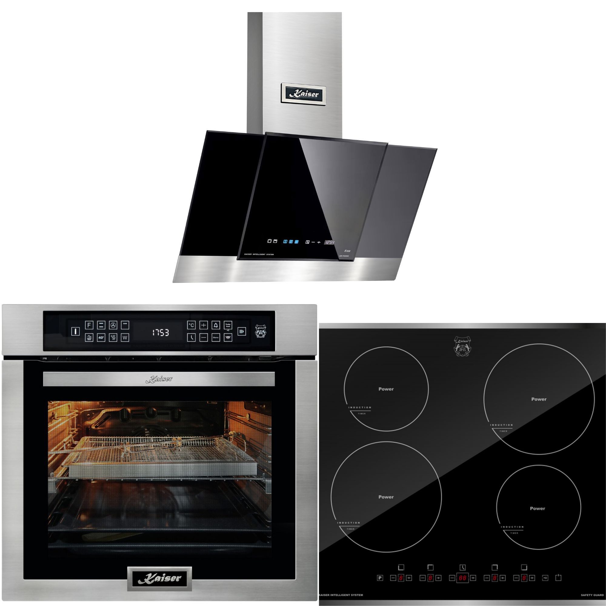 Kaiser Küchengeräte Backofen-Set Herd Set Autark Elektrobackofen,Edelstahl,86 L 15 Fkt., LED-Display mit Induktionskochfeld 60 cm, Autark,Facettenschliff, Kochfeld 4xQickHeat Kochzonen+Dunstabzugshaube 60 cm, 910 m³/h, TouchControl EH 6306 N R+ KCT 6105 FI+AT 6438 F, mit 1-fach-Teleskopauszug, Katalytische Selbstreinigung, Elektrobackofen 60 cm+Induktionskochfeld 60 cm+Dunstabzugshaube