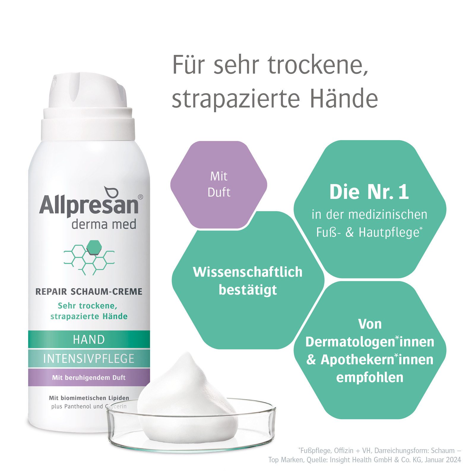 Allpresan Handmousse Allpresan hydro Repair Schaum-Creme Hände beruhigender Duft 100ml Reparierende, 1-tlg., schnell einziehende, medizinische Hautpflege für trockene Hände