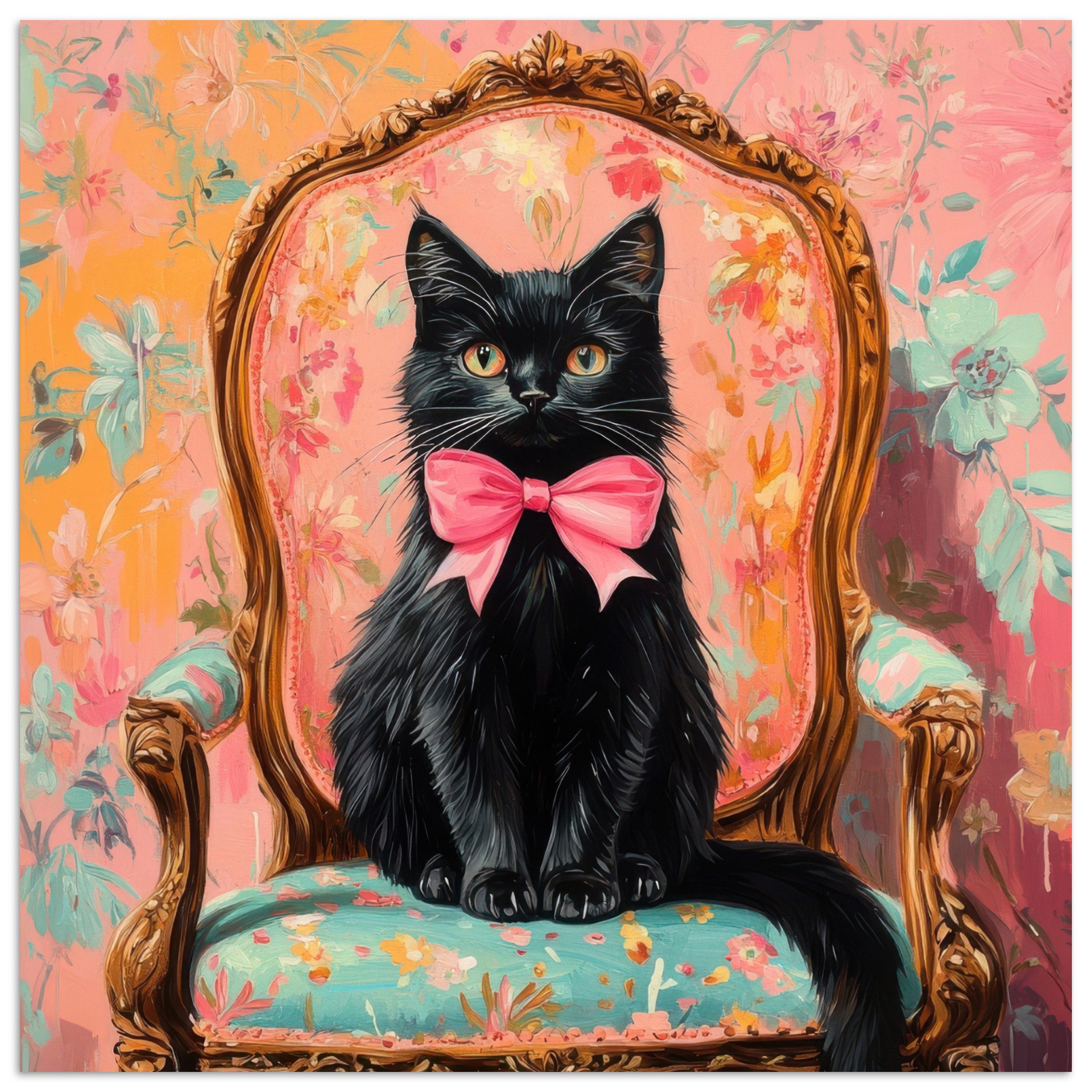 MuchoWow Poster Katze - Rosa - Stuhl mit Blumenmuster, (1 St), Poster ohne Rahmen, Wandbild, Wandposter, 50x50 cm