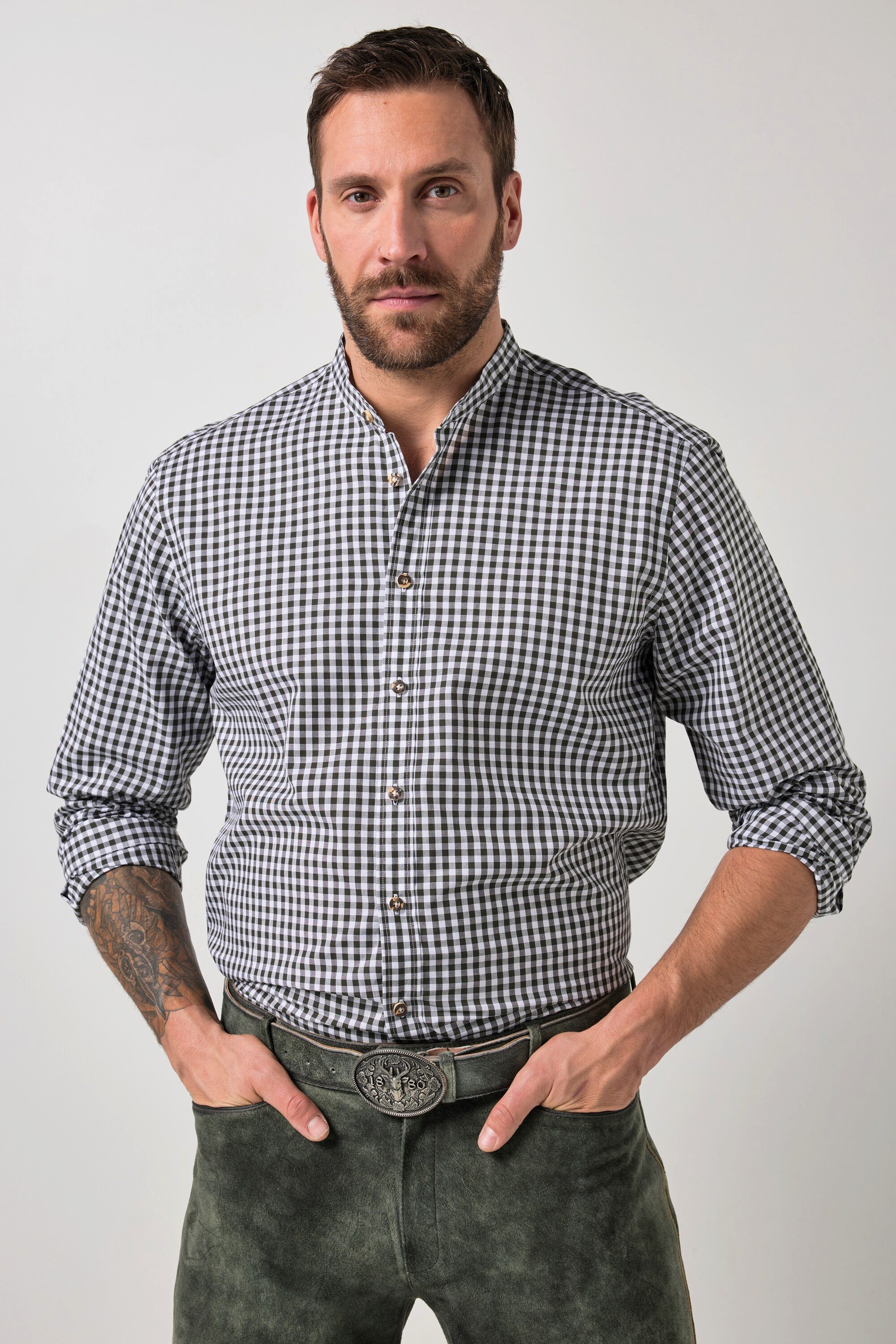 JP1880 Businesshemd Karohemd Tracht Langarm Stehkragen Modern Fit