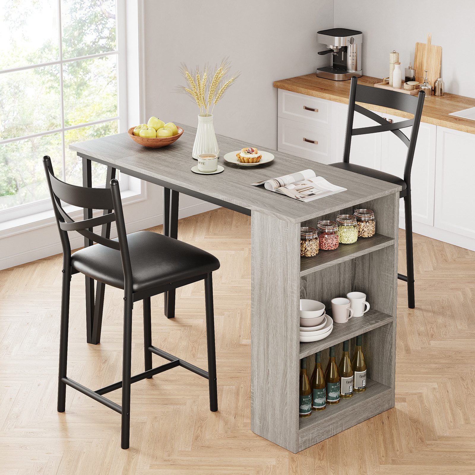 GarveeMore Essgruppe Esstisch Klappbar mit 2 Stühlen für Küche & Esszimmer, Bartisch,Ktichen Tisch mit 2 Gepolsterter Sitz und 3 Ablagen – Bild 5 von 5