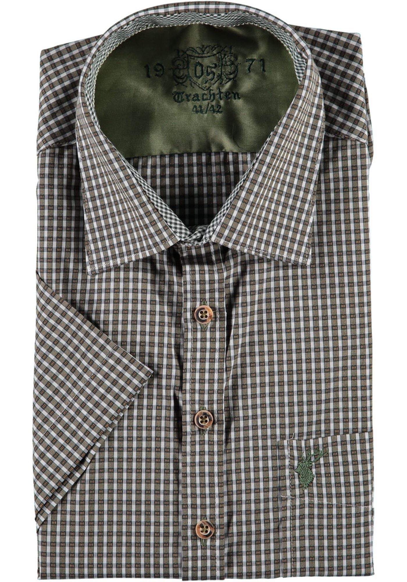 OS-Trachten Trachtenhemd Bruvo Herren Kurzarmhemd mit Hirsch-Stickerei auf der Brusttasche hellbraun