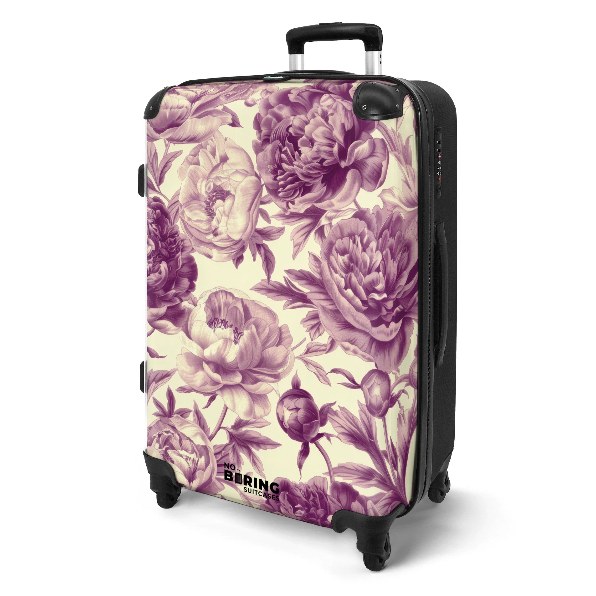NoBoringSuitcases.com© Hartschalen-Trolley Weiß mit violetten Blüten günstig online kaufen