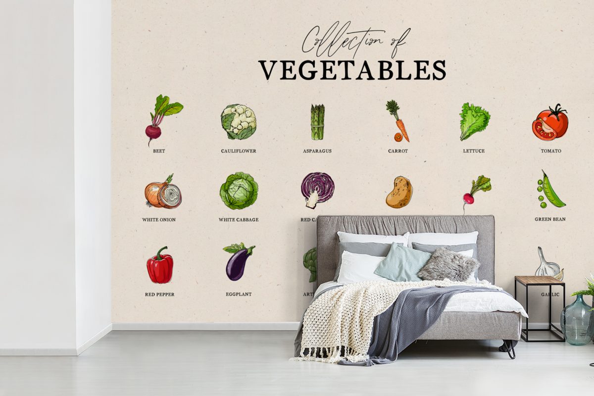 MuchoWow Kinderzimmer, Wohnzimmer, Matt, - St), Fototapete bedruckt, Küche Schlafzimmer, für Gemüse Lebensmittel, - Wallpaper Tapete Vinyl (6