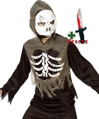 Karneval-Klamotten Kostüm Skelett Kinder mit Totenkopf Maske und Messer, Halloween Kinderkostüm schwarz mit weißen Knochen Aufdruck und Messer