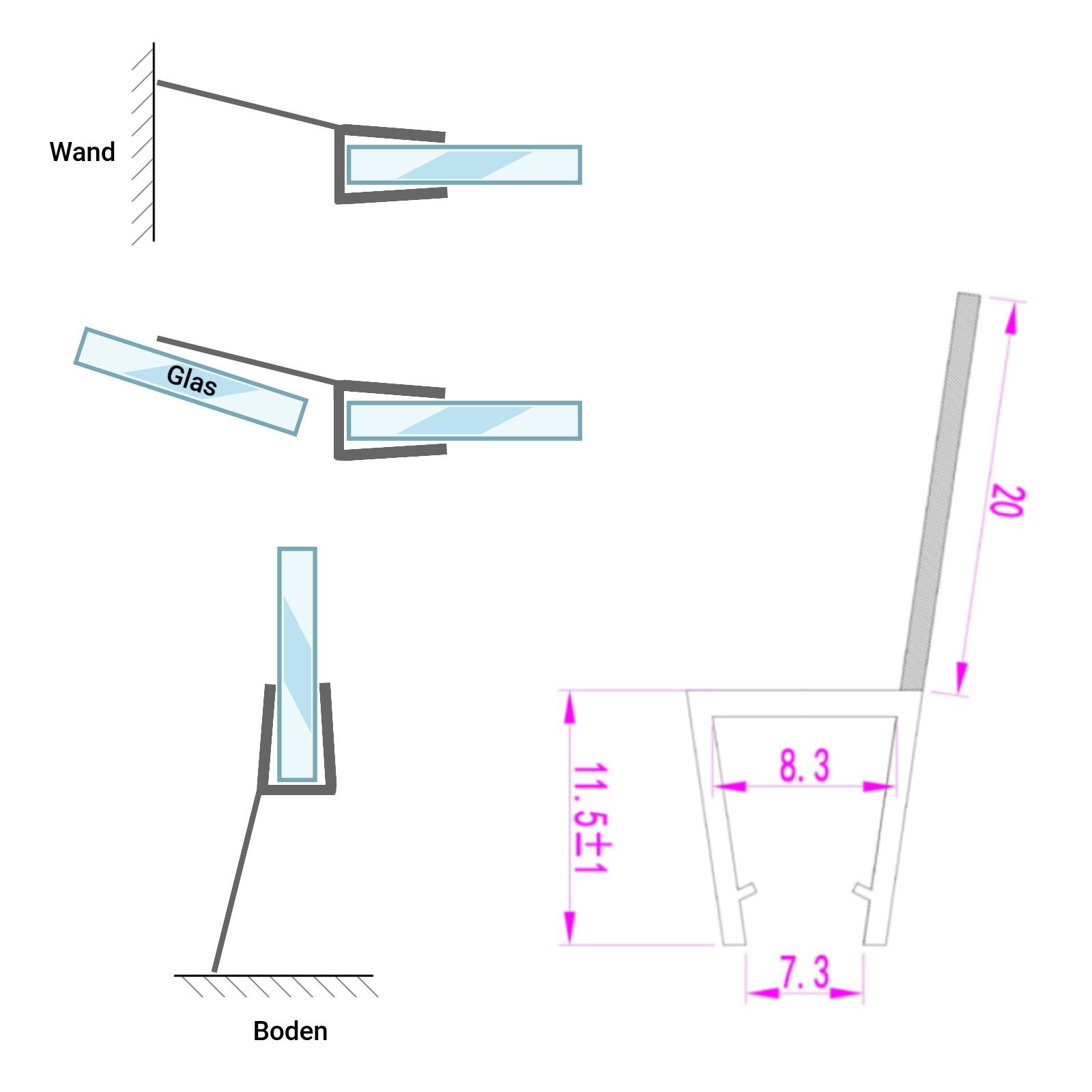 Duschdichtung Für Glastüren 4–8 Mm – 60/80/100 Cm, Aus PVC, Transparent, Gehärtetes Glas Kompatibel