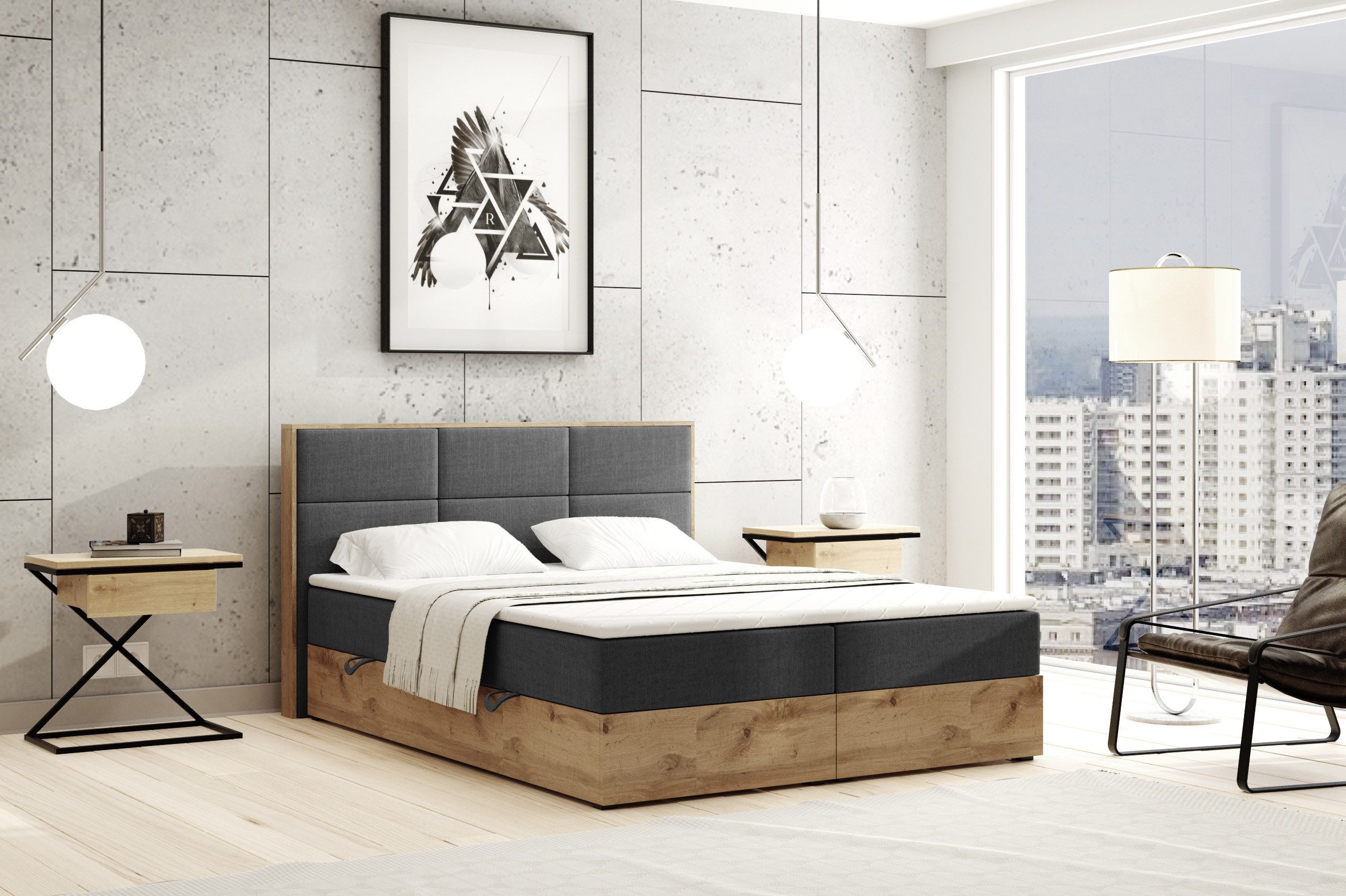 Labett Boxspringbett aus Holz im Loft-Stil LOLY 140x200 160x200 180x200 200x200 (2 Bettkästen, Topper), 7-Zonen Taschenfederkernmatratze H3 oder H4