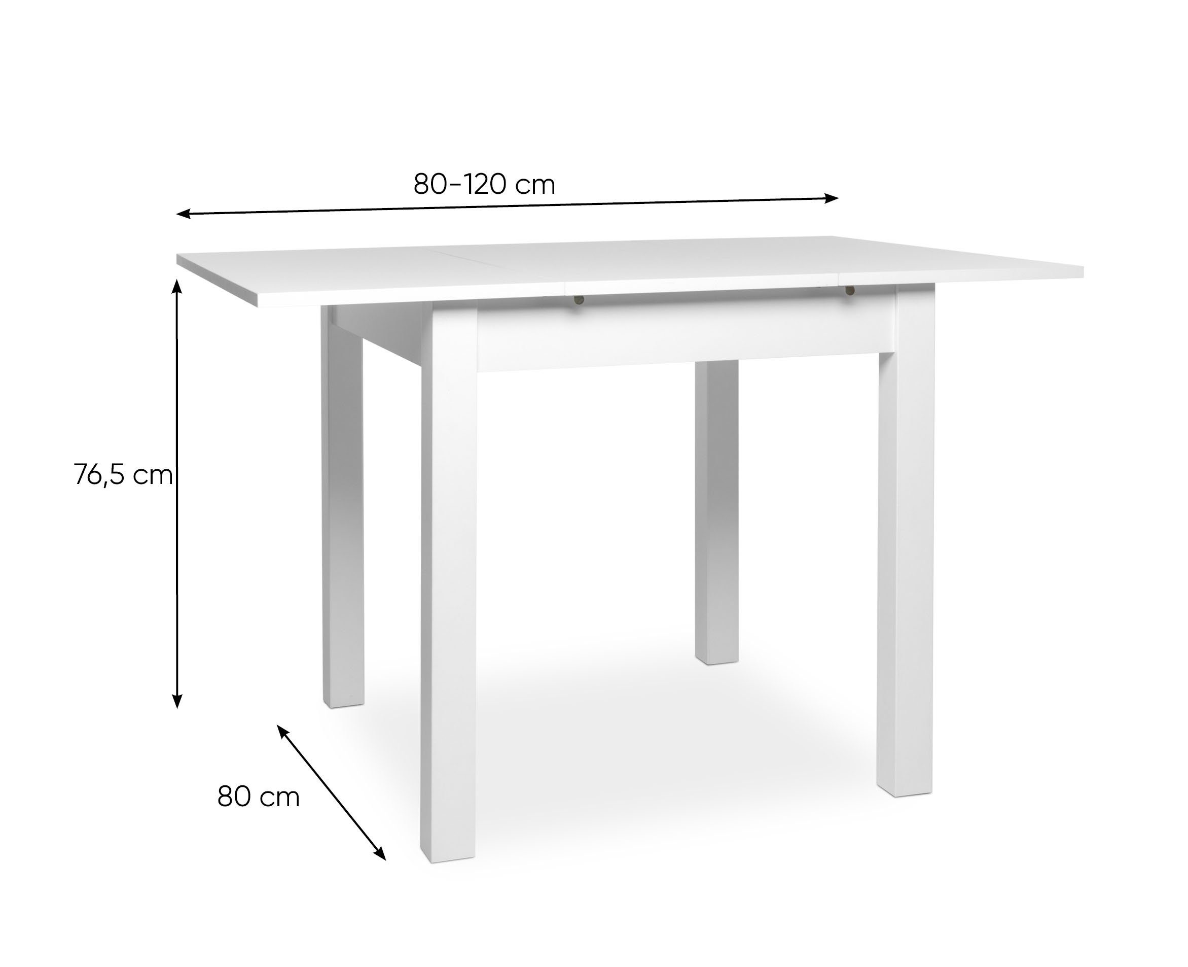 Newroom Esstisch Weiß 80 cm, ausziehbar inkl. 40cm Tischplatte Weiß Küchentisch Speisetisch